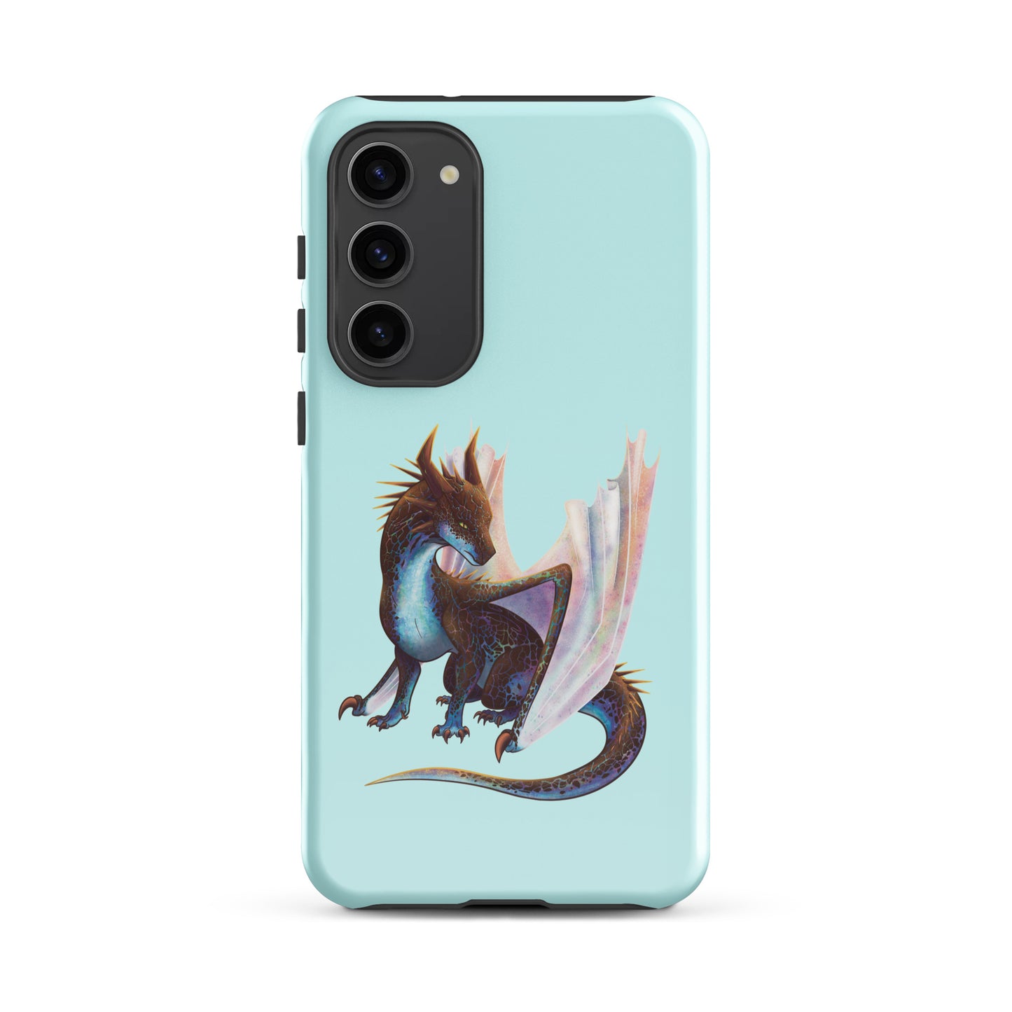 A mint in color tough phone case for a Samsung Galaxy S23 plus with a glossy finish featuring a sitting, side profile of a dragon that has the features of a boulder opal with hues of blue, green, purple, and pink on the underbelly and cracks of the rough, brown hue, rock scales. The wings are tucked back and are of an iridescent shimmery hue