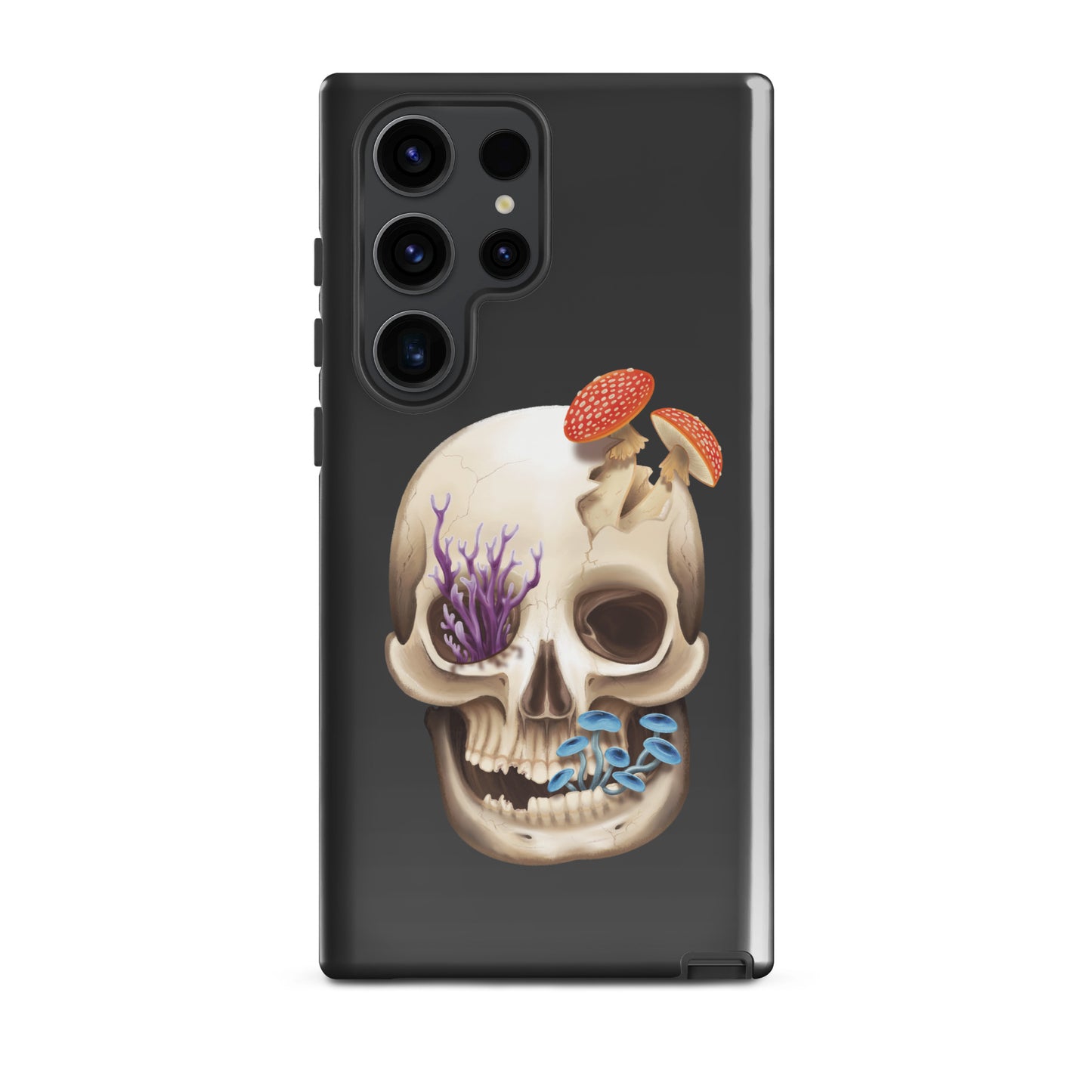 A dark grey tough phone case for a Samsung Galaxy S23 ultra with a glossy finish featuring a human skull with various fungi growing out of it