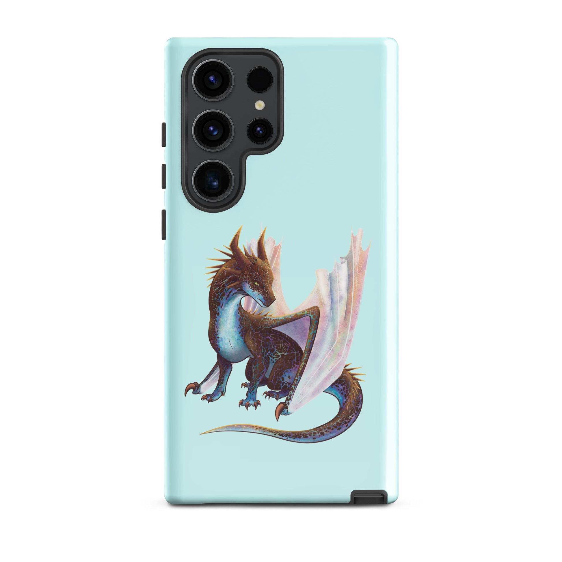 A mint in color tough phone case for a Samsung Galaxy S23 ultra with a glossy finish featuring a sitting, side profile of a dragon that has the features of a boulder opal with hues of blue, green, purple, and pink on the underbelly and cracks of the rough, brown hue, rock scales. The wings are tucked back and are of an iridescent shimmery hue