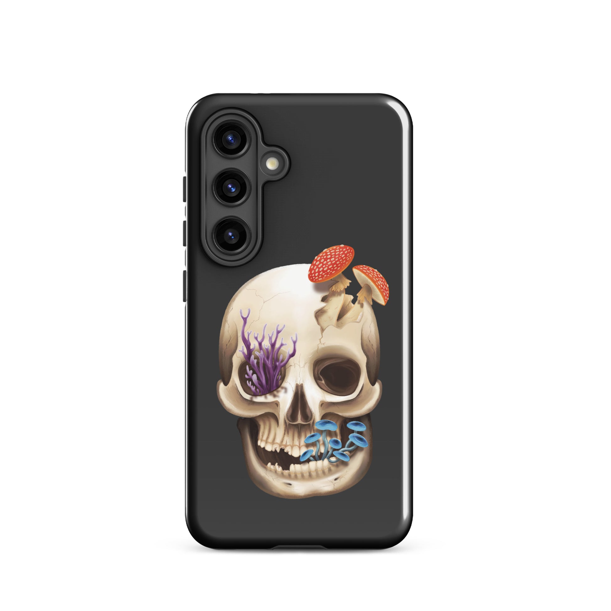 A dark grey tough phone case for a Samsung Galaxy S24 with a glossy finish featuring a human skull with various fungi growing out of it