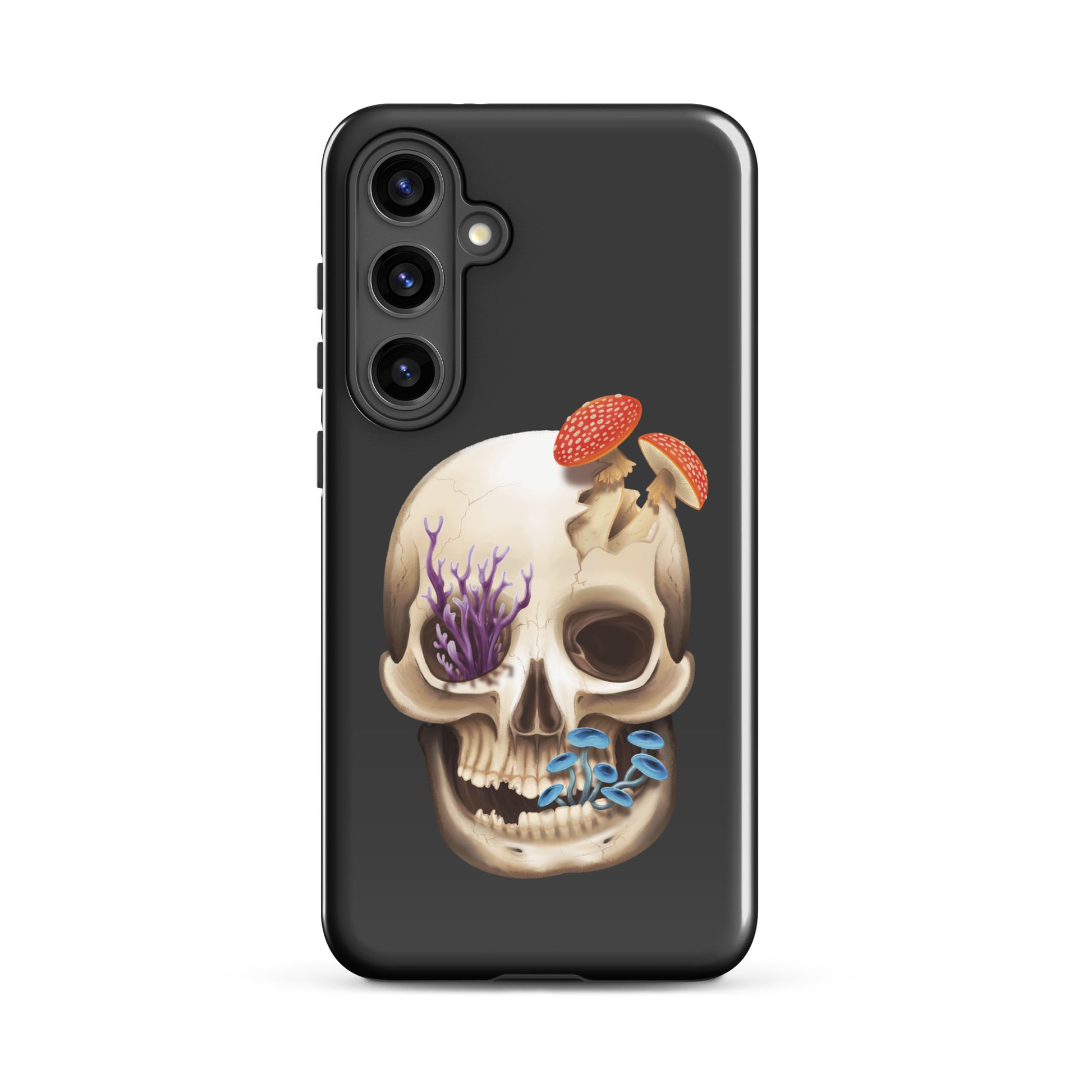 A dark grey tough phone case for a Samsung Galaxy S24 plus with a glossy finish featuring a human skull with various fungi growing out of it