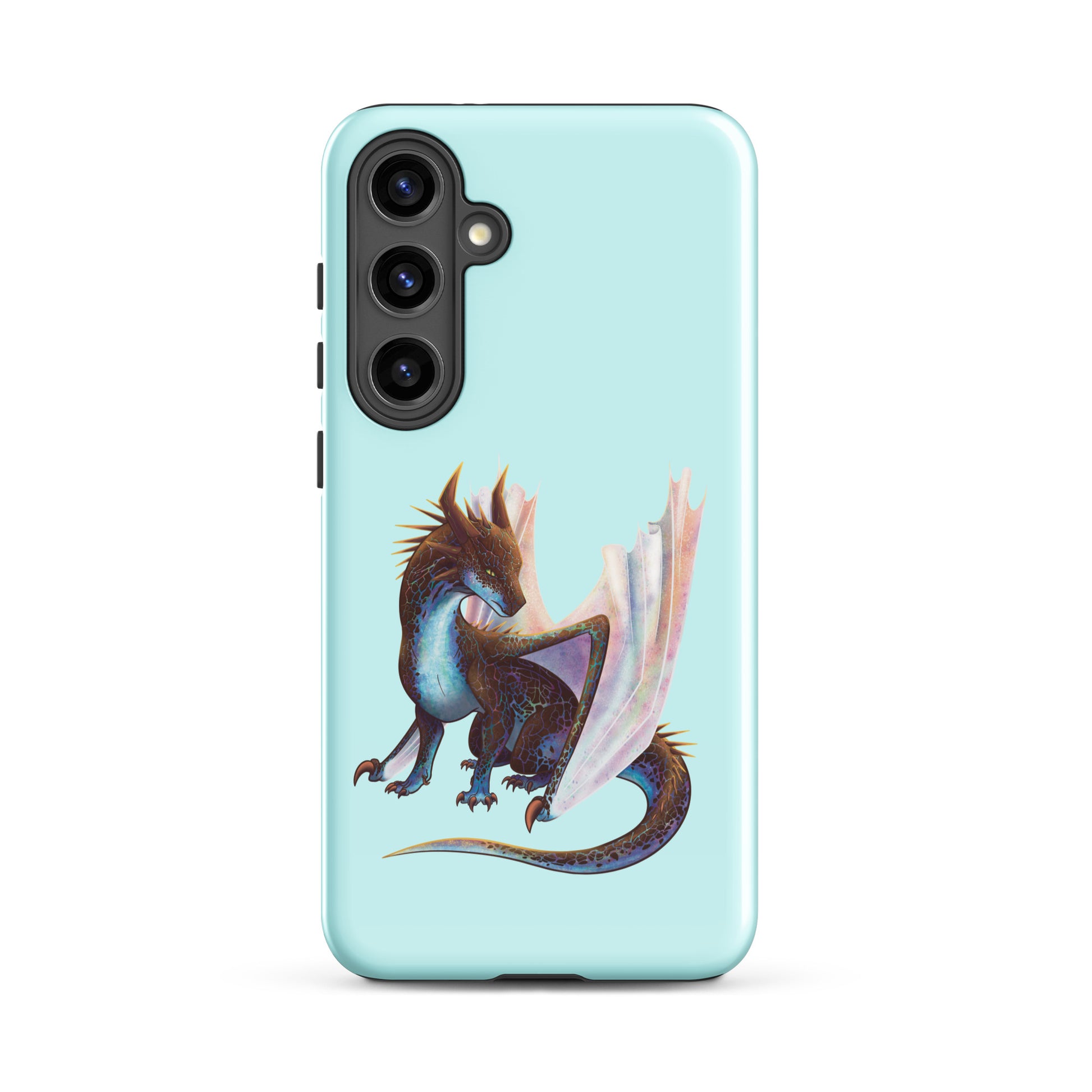 A mint in color tough phone case for a Samsung Galaxy S24 plus with a glossy finish featuring a sitting, side profile of a dragon that has the features of a boulder opal with hues of blue, green, purple, and pink on the underbelly and cracks of the rough, brown hue, rock scales. The wings are tucked back and are of an iridescent shimmery hue