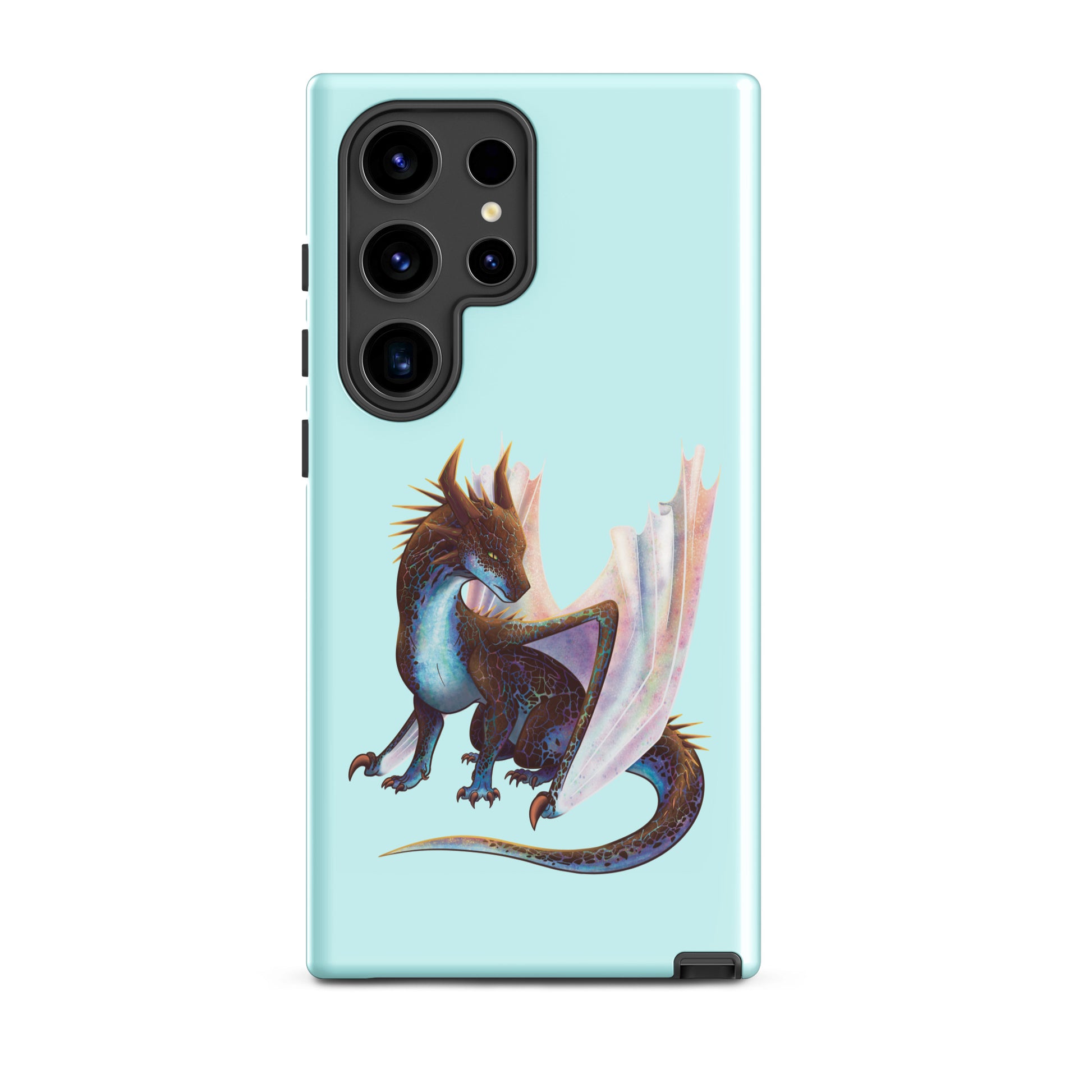 A mint in color tough phone case for a Samsung Galaxy S24 ultra with a glossy finish featuring a sitting, side profile of a dragon that has the features of a boulder opal with hues of blue, green, purple, and pink on the underbelly and cracks of the rough, brown hue, rock scales. The wings are tucked back and are of an iridescent shimmery hue