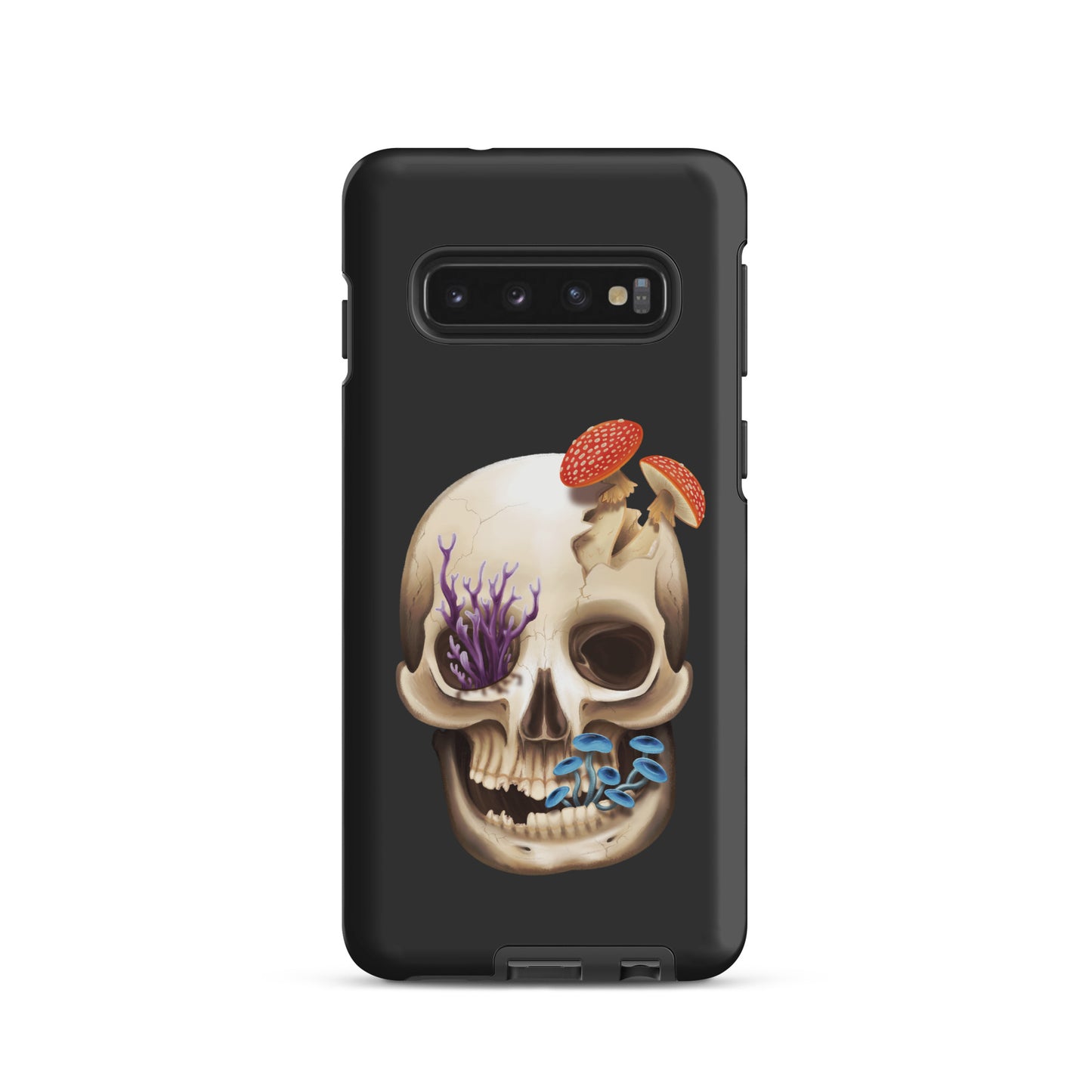 A dark grey tough phone case for a Samsung Galaxy S10 with a matte finish featuring a human skull with various fungi growing out of it