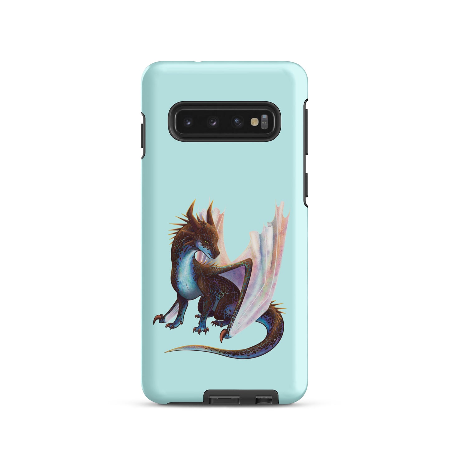 A mint in color tough phone case for a Samsung Galaxy S10 with a matte finish featuring a sitting, side profile of a dragon that has the features of a boulder opal with hues of blue, green, purple, and pink on the underbelly and cracks of the rough, brown hue, rock scales. The wings are tucked back and are of an iridescent shimmery hue