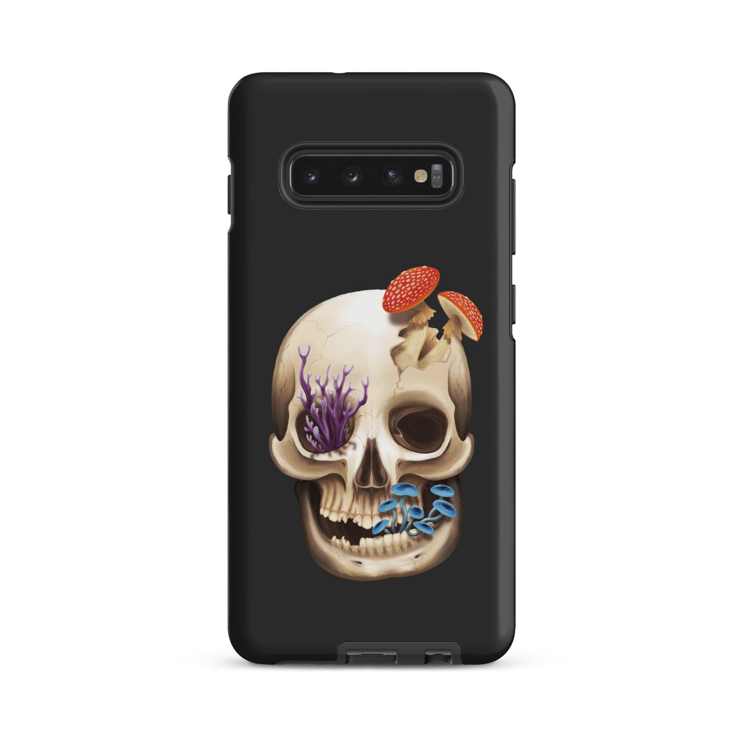 A dark grey tough phone case for a Samsung Galaxy S10 plus with a matte finish featuring a human skull with various fungi growing out of it