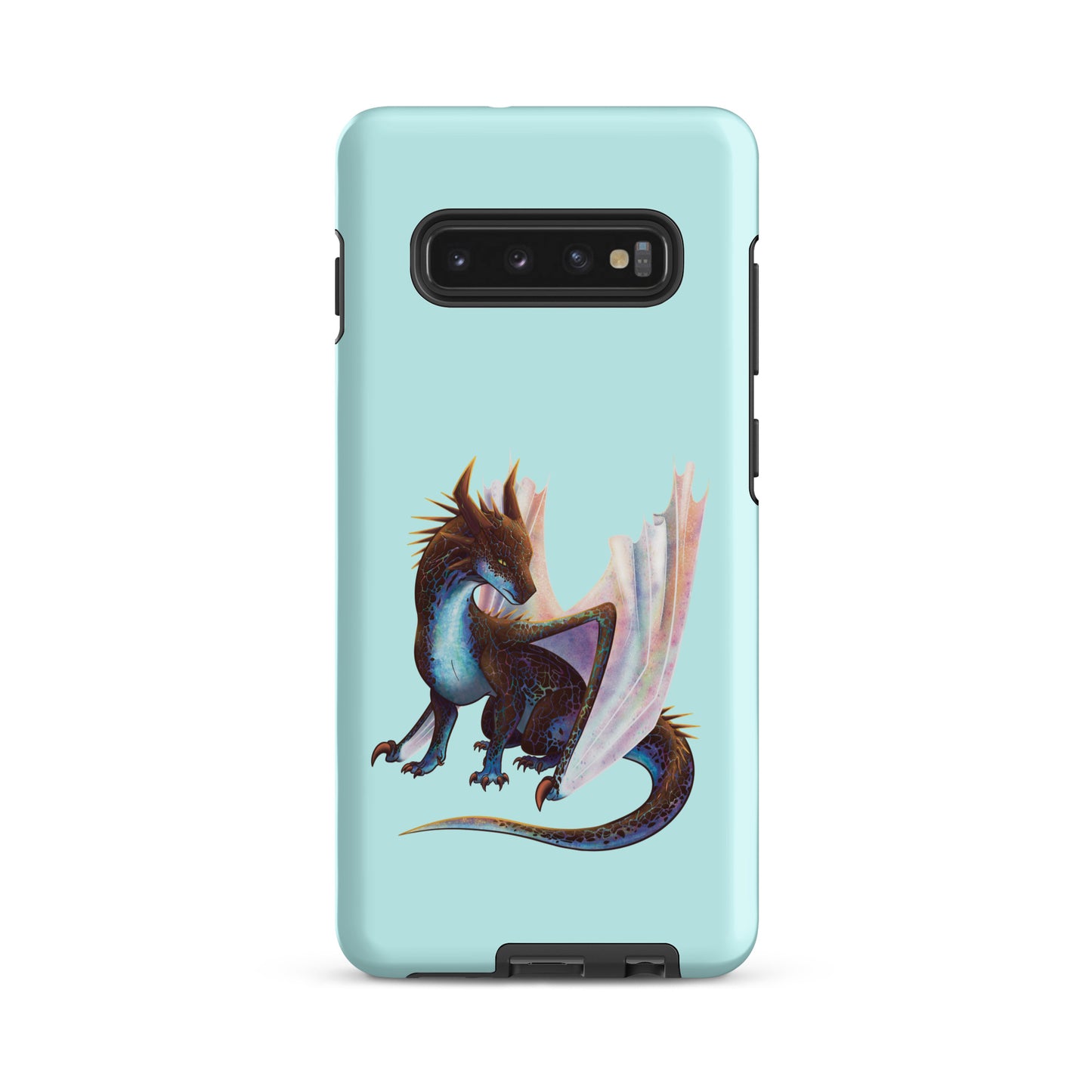 A mint in color tough phone case for a Samsung Galaxy S10 plus with a matte finish featuring a sitting, side profile of a dragon that has the features of a boulder opal with hues of blue, green, purple, and pink on the underbelly and cracks of the rough, brown hue, rock scales. The wings are tucked back and are of an iridescent shimmery hue