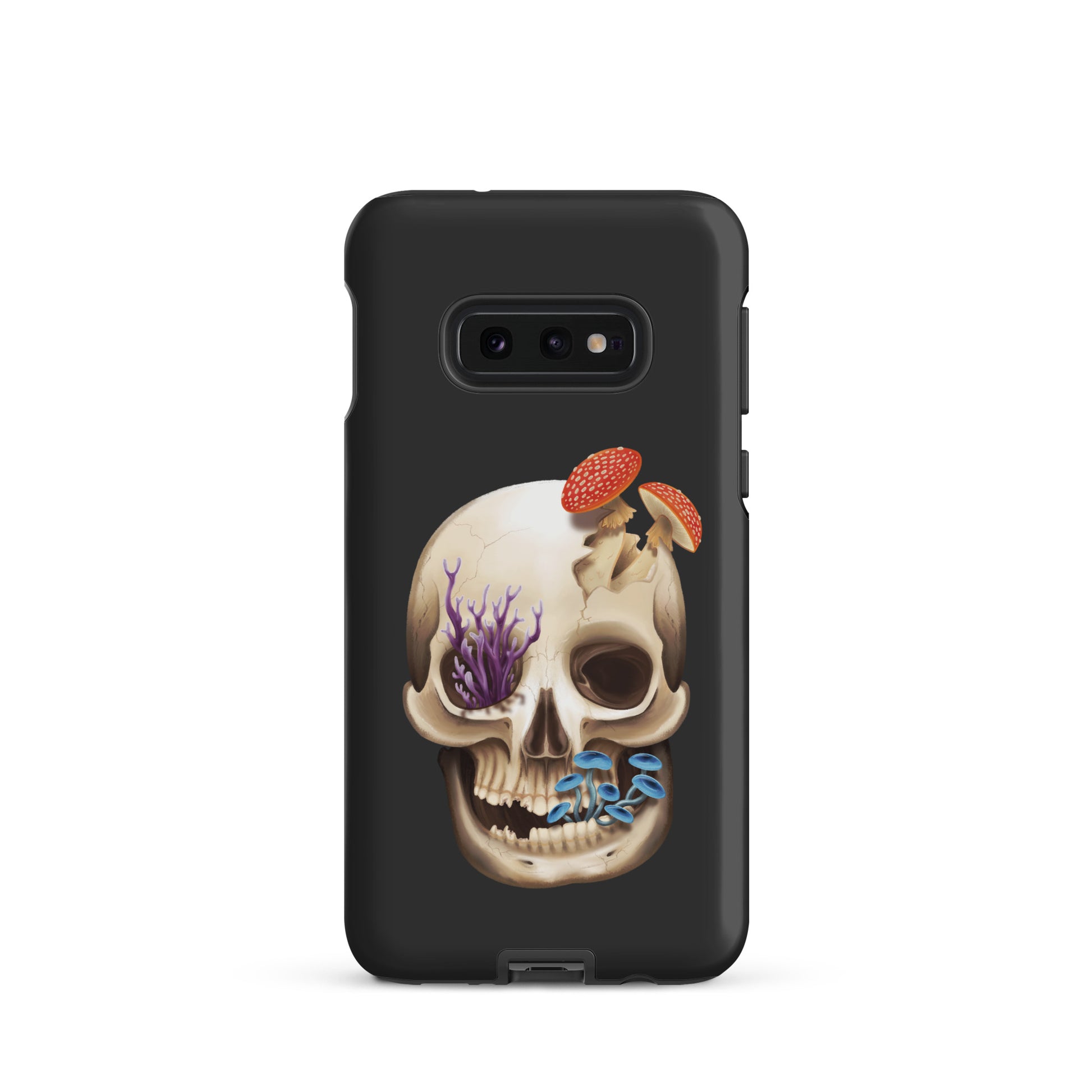 A dark grey tough phone case for a Samsung Galaxy S10e with a matte finish featuring a human skull with various fungi growing out of it