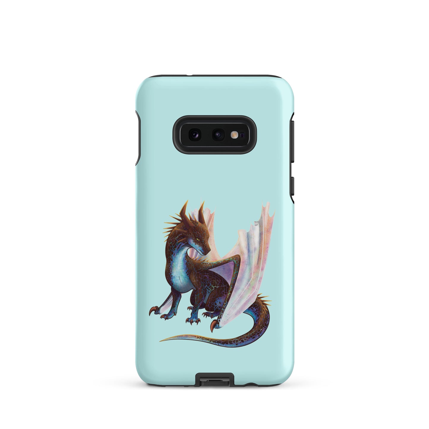 A mint in color tough phone case for a Samsung Galaxy S10e with a matte finish featuring a sitting, side profile of a dragon that has the features of a boulder opal with hues of blue, green, purple, and pink on the underbelly and cracks of the rough, brown hue, rock scales. The wings are tucked back and are of an iridescent shimmery hue