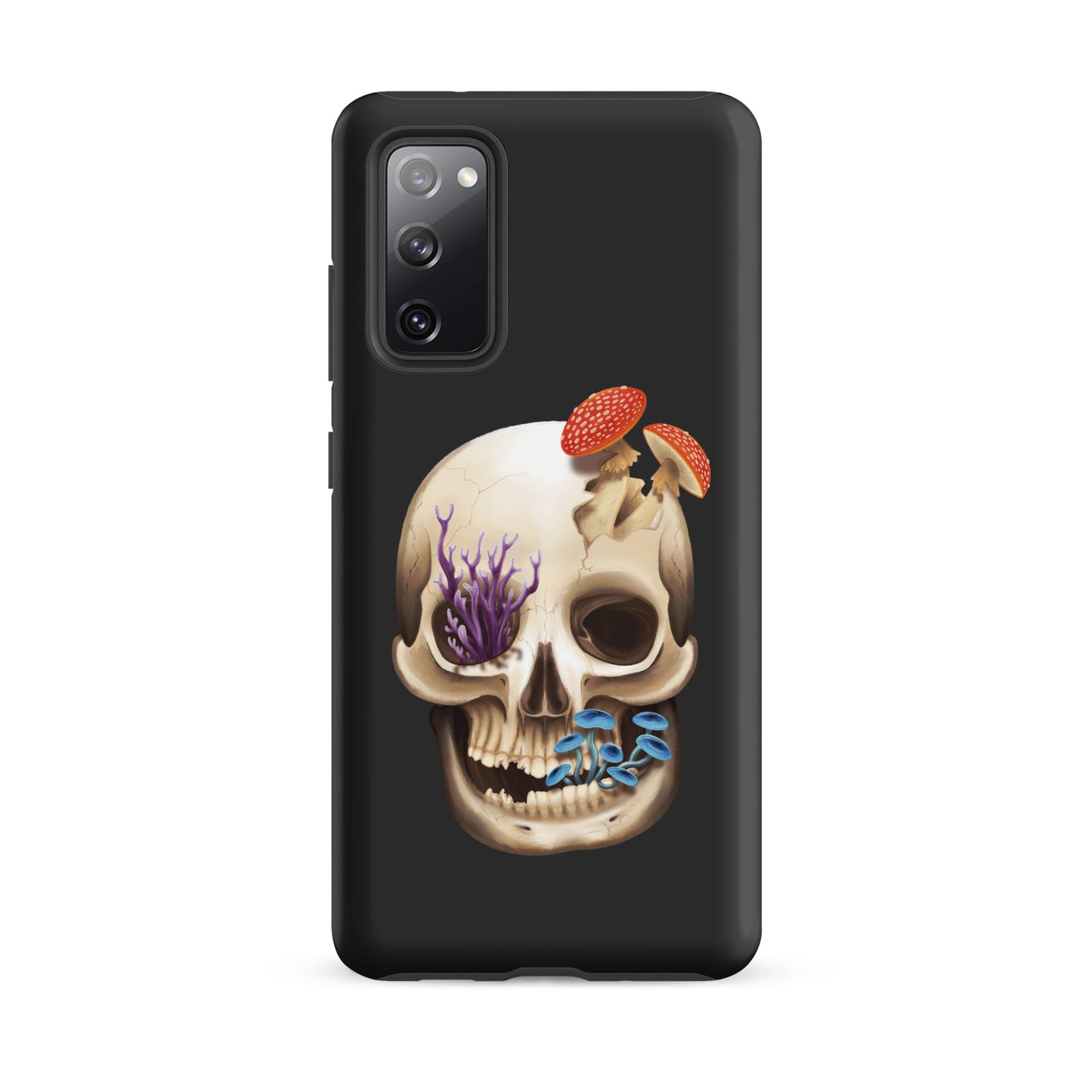 A dark grey tough phone case for a Samsung Galaxy S20fe with a matte finish featuring a human skull with various fungi growing out of it