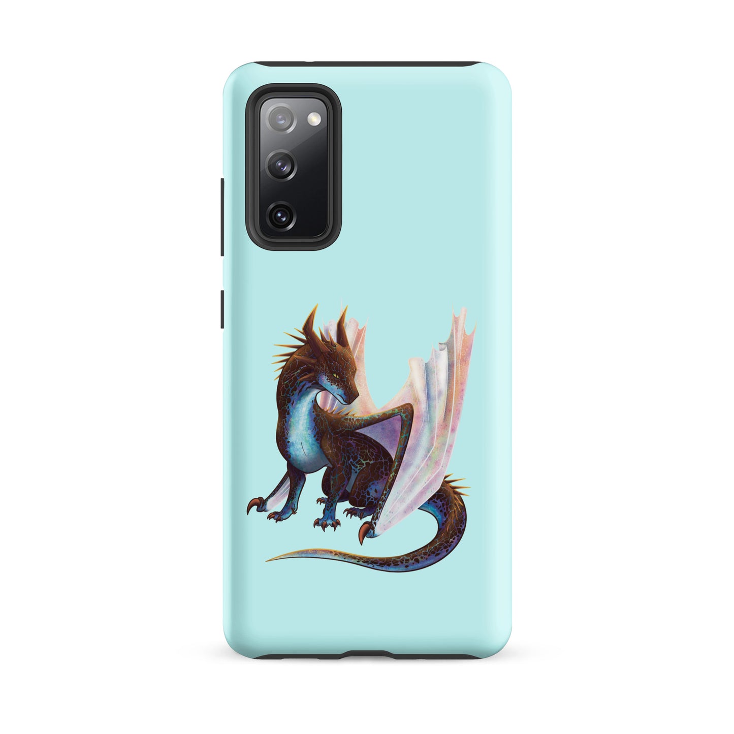 A mint in color tough phone case for a Samsung Galaxy S20 FE with a matte finish featuring a sitting, side profile of a dragon that has the features of a boulder opal with hues of blue, green, purple, and pink on the underbelly and cracks of the rough, brown hue, rock scales. The wings are tucked back and are of an iridescent shimmery hue