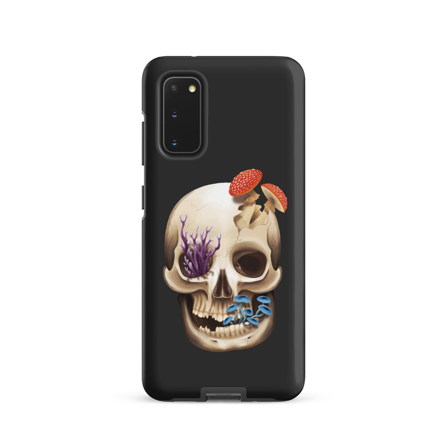 A dark grey tough phone case for a Samsung Galaxy S20 with a matte finish featuring a human skull with various fungi growing out of it