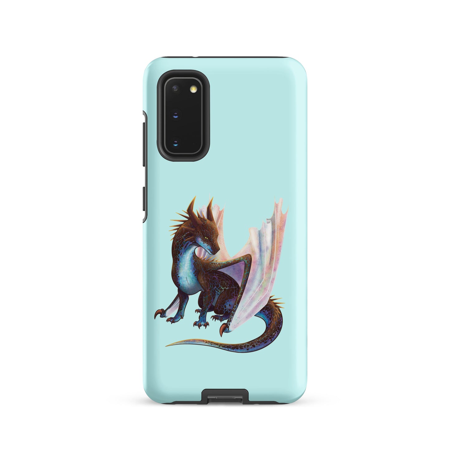 A mint in color tough phone case for a Samsung Galaxy S20 with a matte finish featuring a sitting, side profile of a dragon that has the features of a boulder opal with hues of blue, green, purple, and pink on the underbelly and cracks of the rough, brown hue, rock scales. The wings are tucked back and are of an iridescent shimmery hue