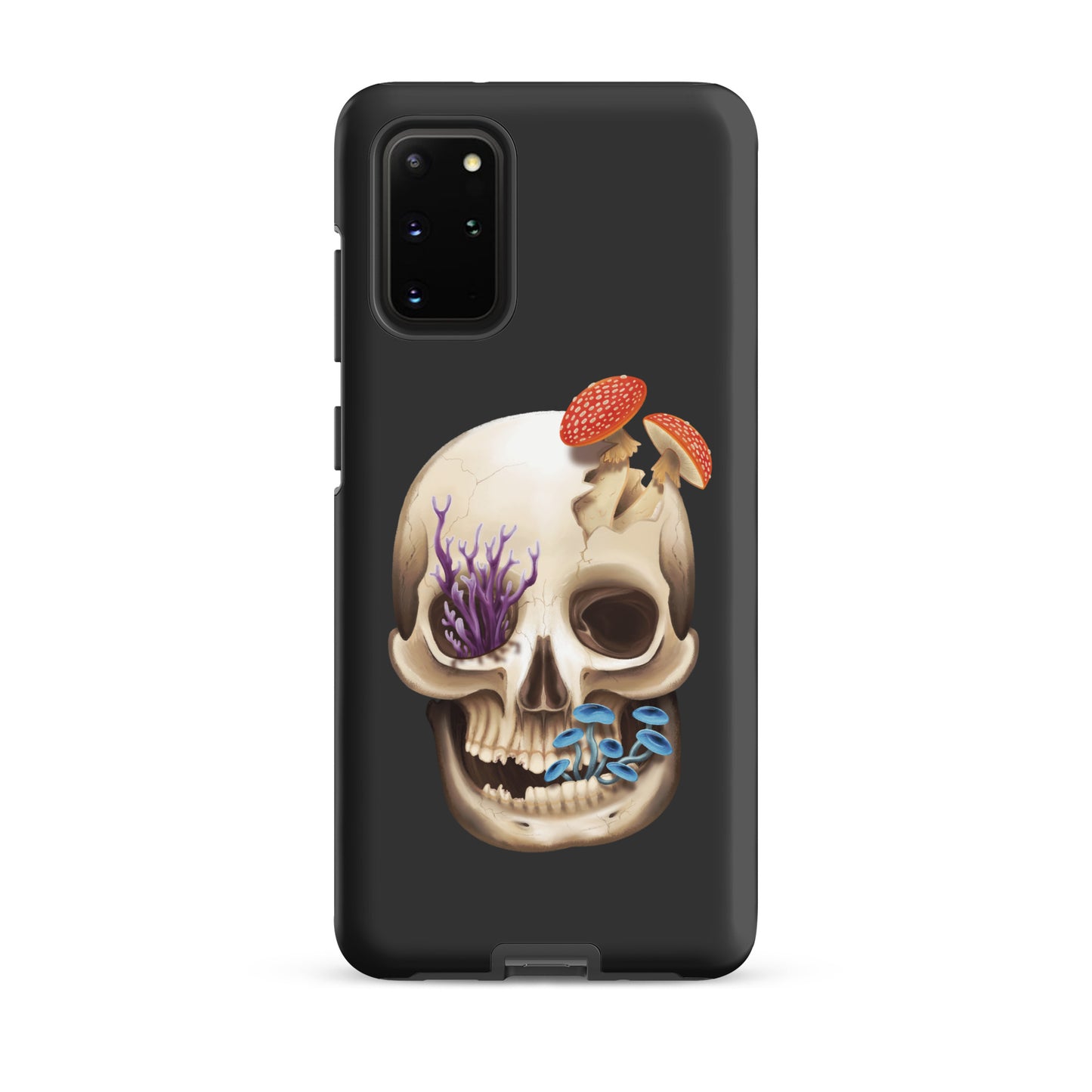 A dark grey tough phone case for a Samsung Galaxy S20 plus with a matte finish featuring a human skull with various fungi growing out of it