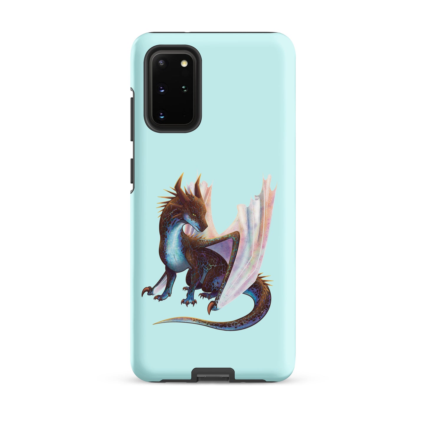 A mint in color tough phone case for a Samsung Galaxy S20 plus with a matte finish featuring a sitting, side profile of a dragon that has the features of a boulder opal with hues of blue, green, purple, and pink on the underbelly and cracks of the rough, brown hue, rock scales. The wings are tucked back and are of an iridescent shimmery hue