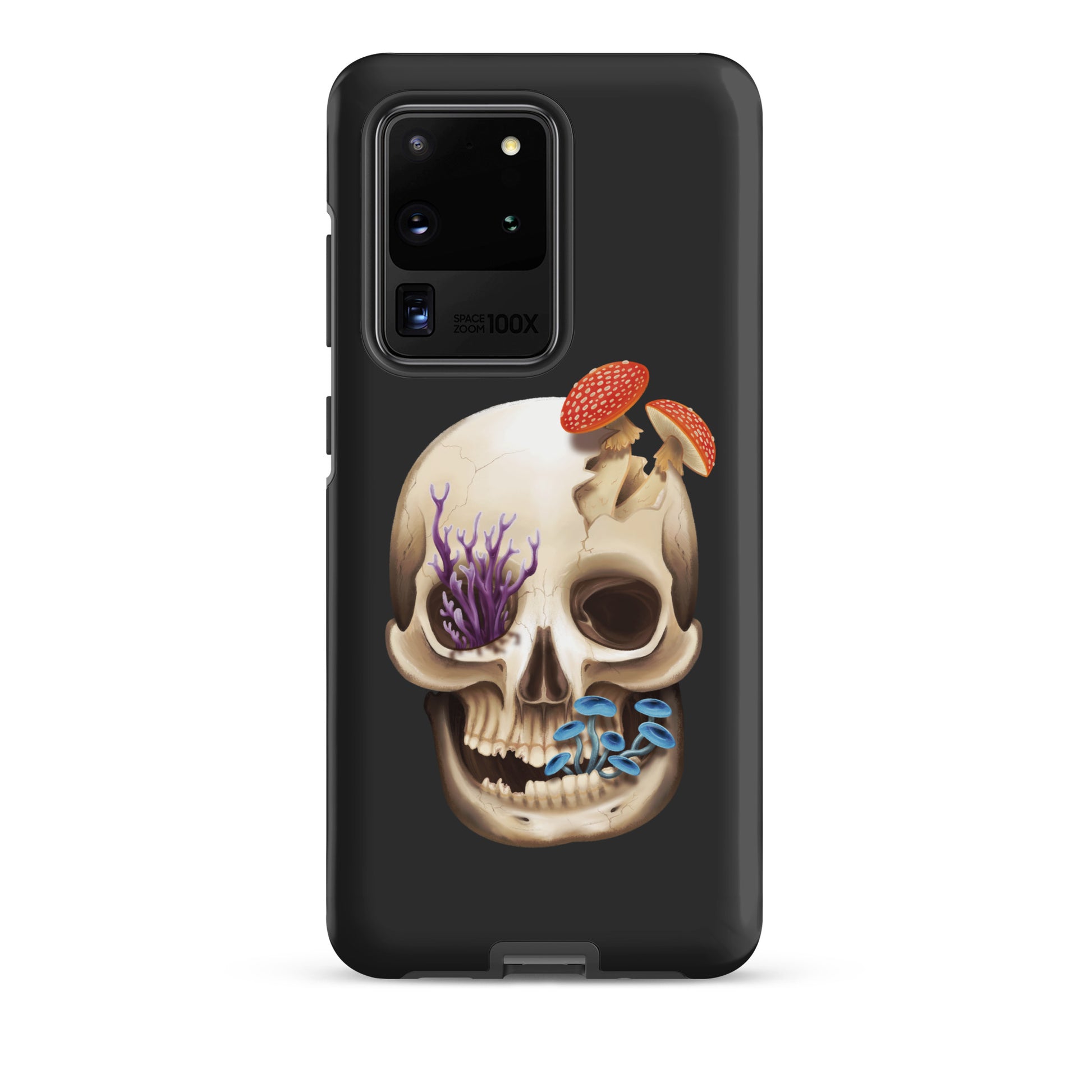 A dark grey tough phone case for a Samsung Galaxy S20 ultra with a matte finish featuring a human skull with various fungi growing out of it