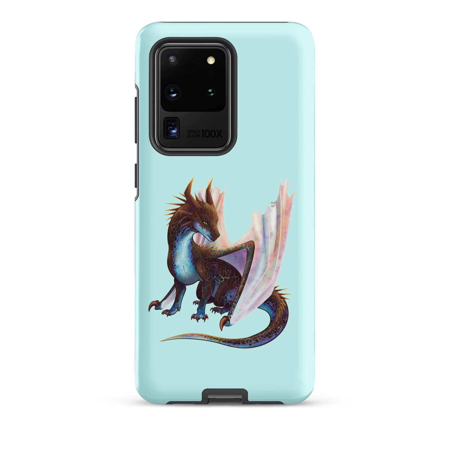 A mint in color tough phone case for a Samsung Galaxy S20 ultra with a matte finish featuring a sitting, side profile of a dragon that has the features of a boulder opal with hues of blue, green, purple, and pink on the underbelly and cracks of the rough, brown hue, rock scales. The wings are tucked back and are of an iridescent shimmery hue