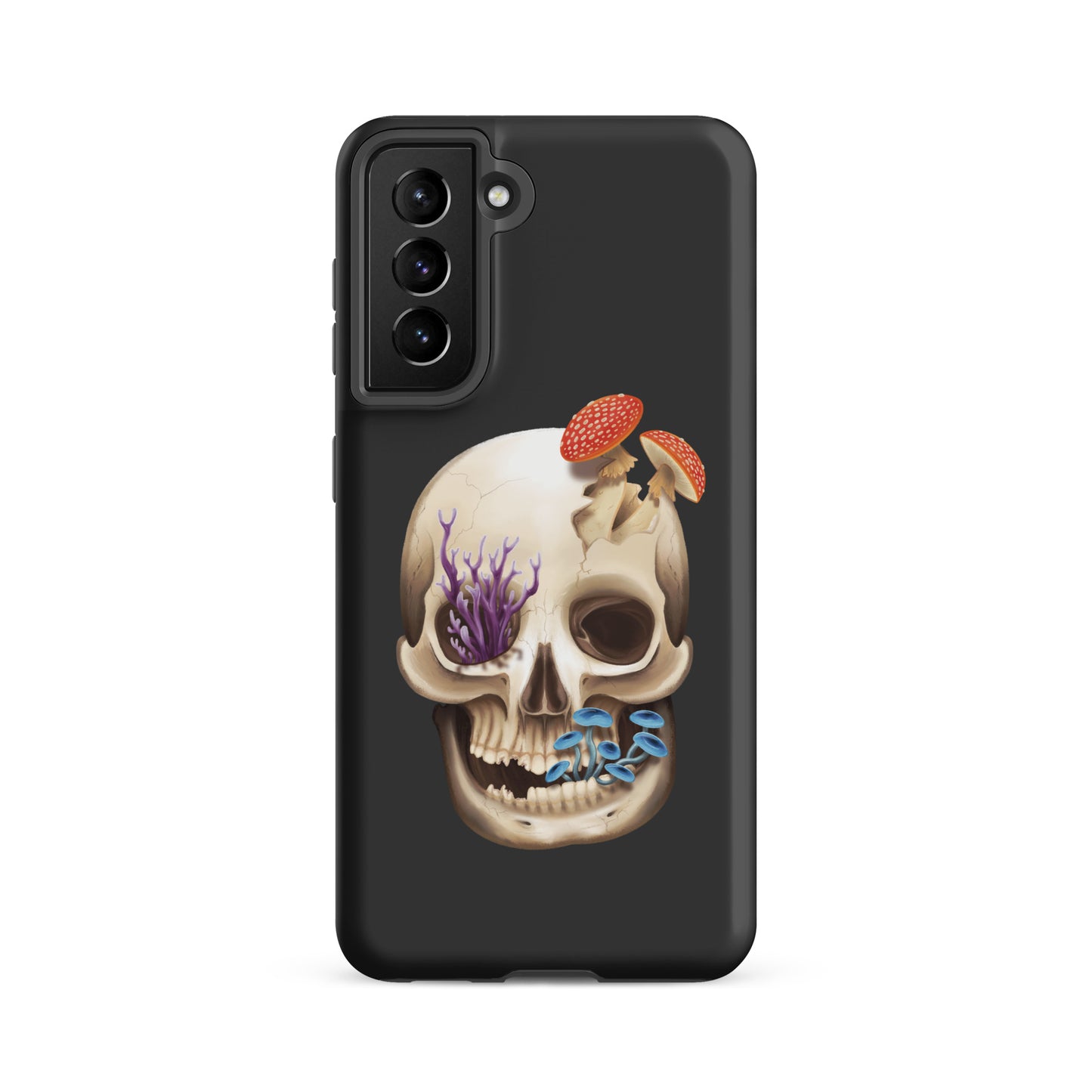 A dark grey tough phone case for a Samsung Galaxy S21fe with a matte finish featuring a human skull with various fungi growing out of it