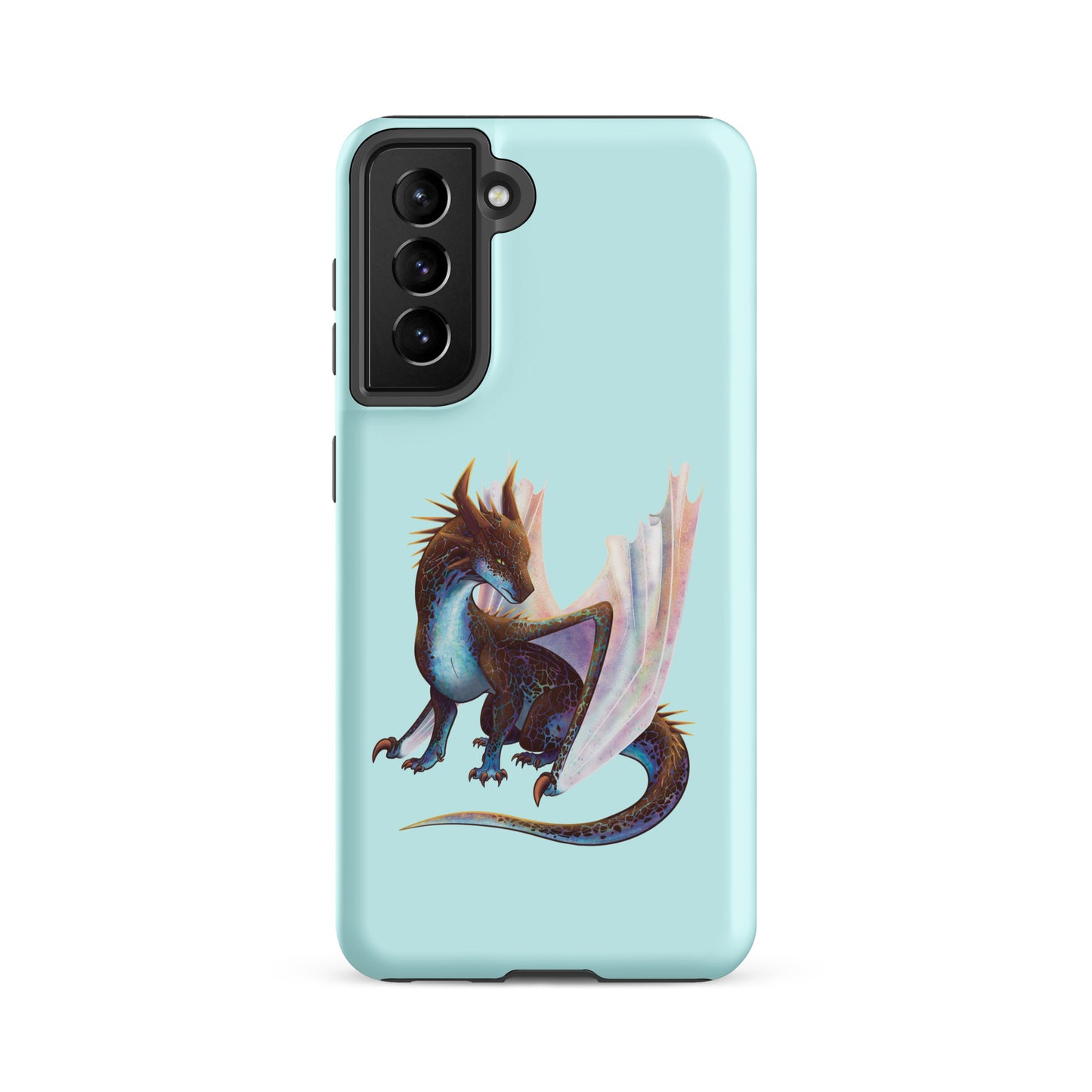 A mint in color tough phone case for a Samsung Galaxy S21 FE with a matte finish featuring a sitting, side profile of a dragon that has the features of a boulder opal with hues of blue, green, purple, and pink on the underbelly and cracks of the rough, brown hue, rock scales. The wings are tucked back and are of an iridescent shimmery hue