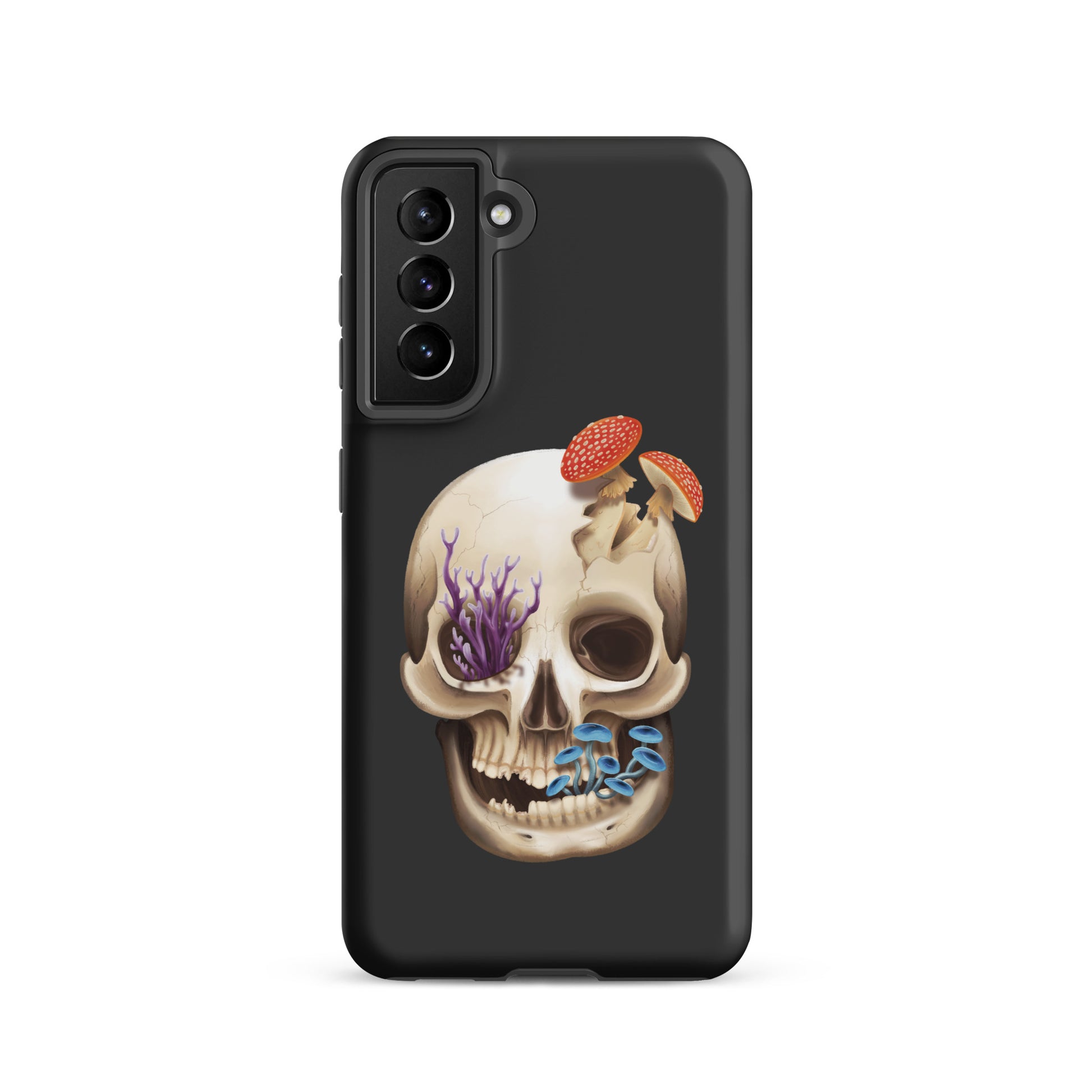 A dark grey tough phone case for a Samsung Galaxy S21 with a matte finish featuring a human skull with various fungi growing out of it