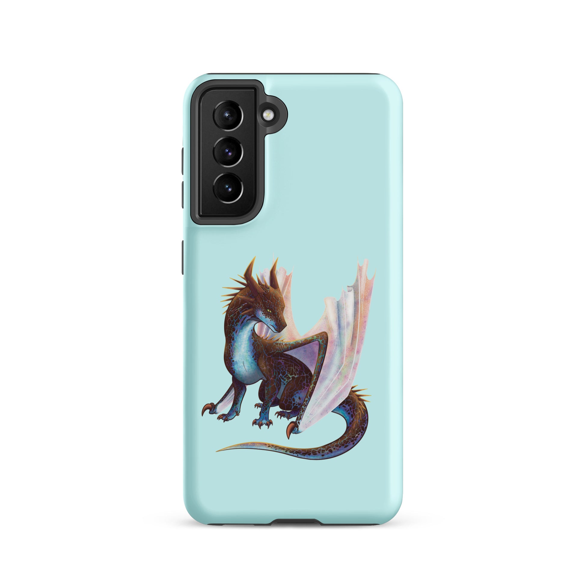 A mint in color tough phone case for a Samsung Galaxy S21 with a matte finish featuring a sitting, side profile of a dragon that has the features of a boulder opal with hues of blue, green, purple, and pink on the underbelly and cracks of the rough, brown hue, rock scales. The wings are tucked back and are of an iridescent shimmery hue