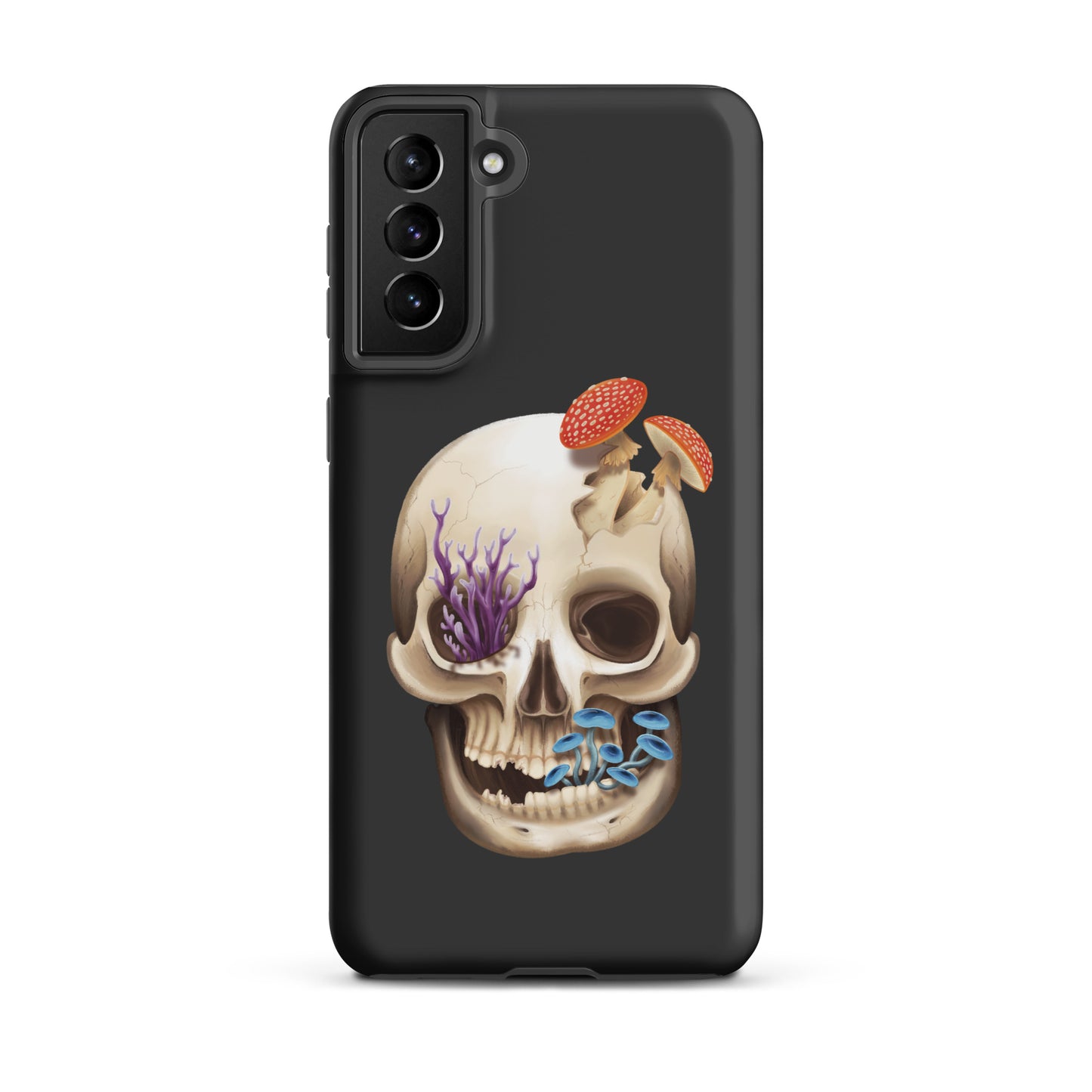 A dark grey tough phone case for a Samsung Galaxy S21 plus with a matte finish featuring a human skull with various fungi growing out of it