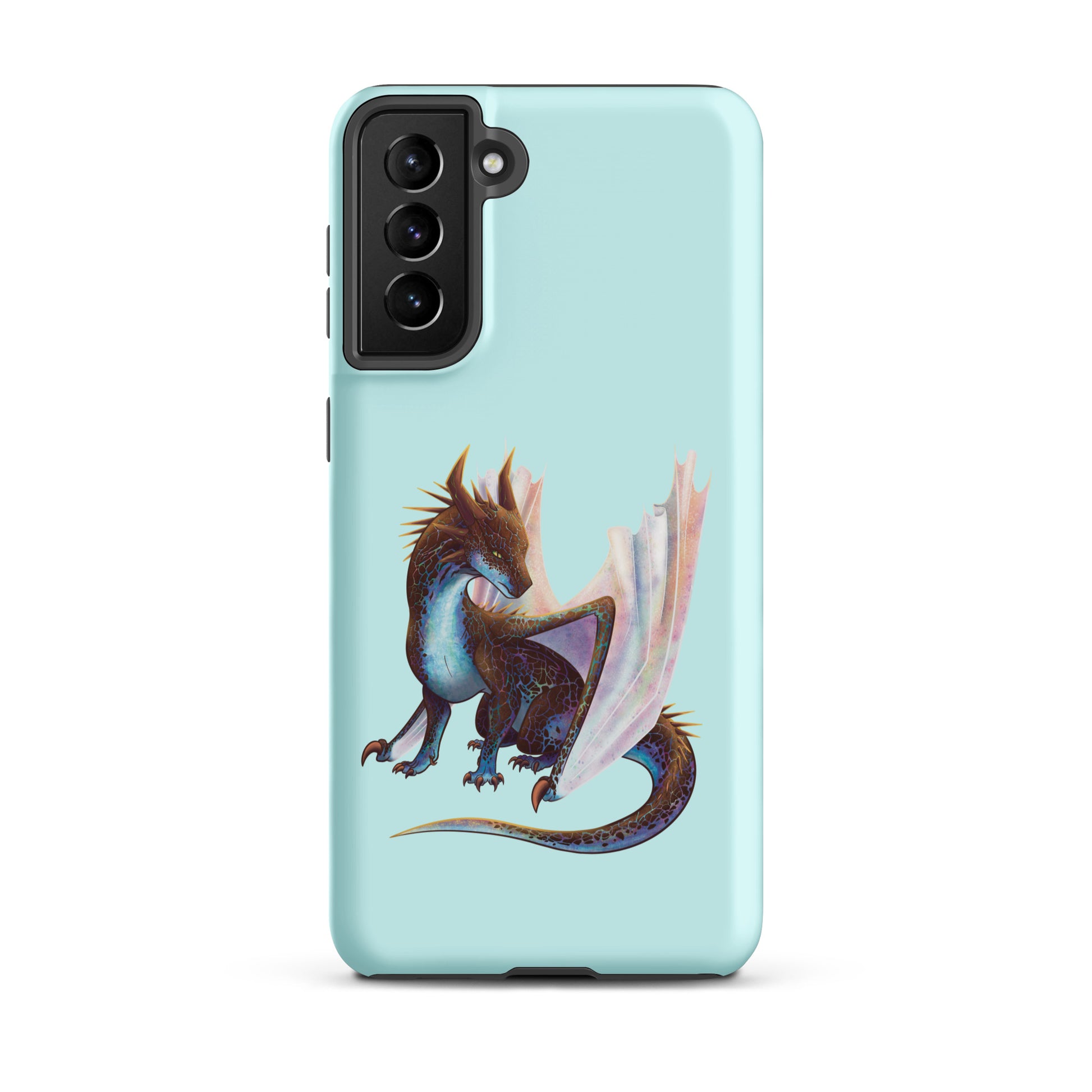 A mint in color tough phone case for a Samsung Galaxy S21 plus with a matte finish featuring a sitting, side profile of a dragon that has the features of a boulder opal with hues of blue, green, purple, and pink on the underbelly and cracks of the rough, brown hue, rock scales. The wings are tucked back and are of an iridescent shimmery hue