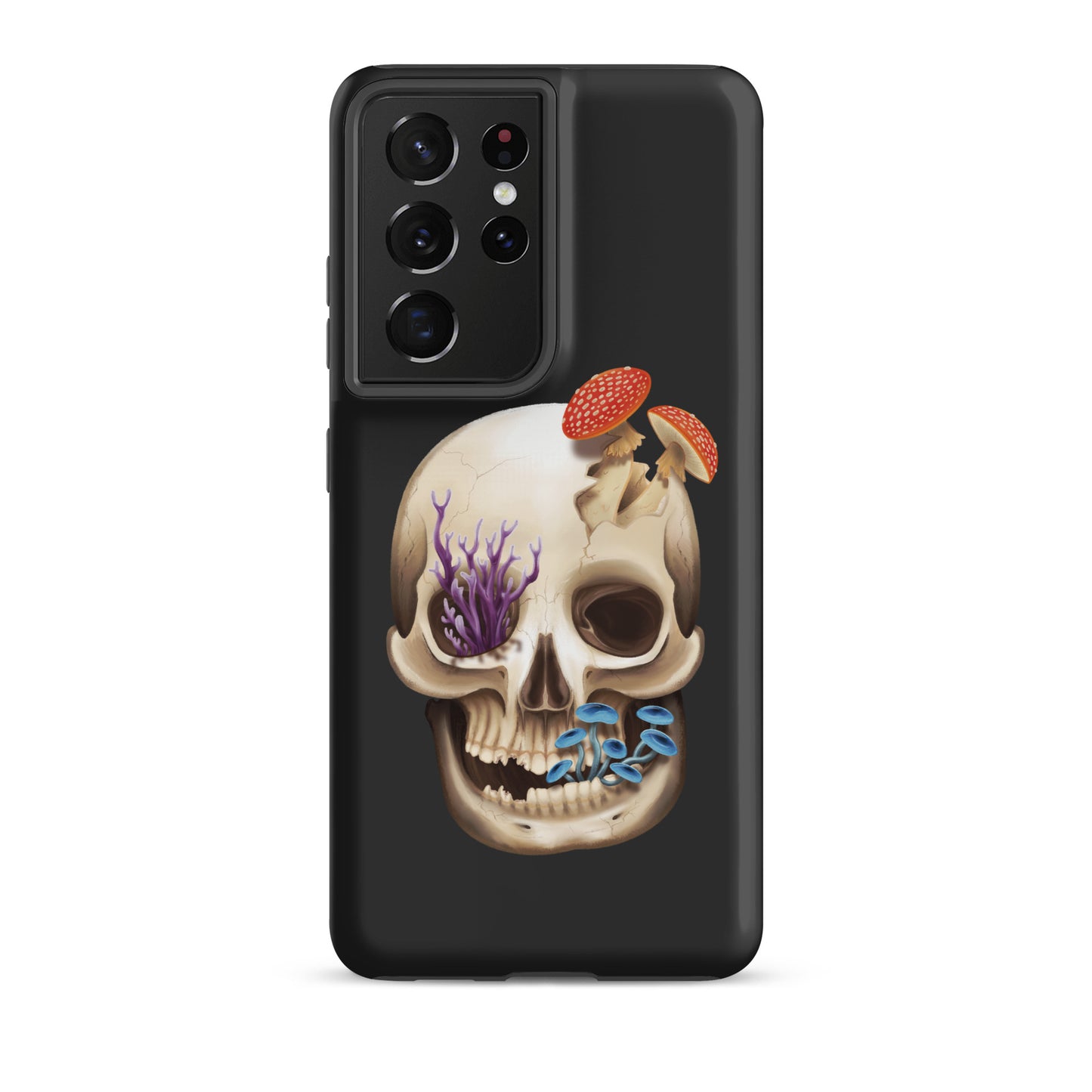 A dark grey tough phone case for a Samsung Galaxy S21 ultra with a matte finish featuring a human skull with various fungi growing out of it