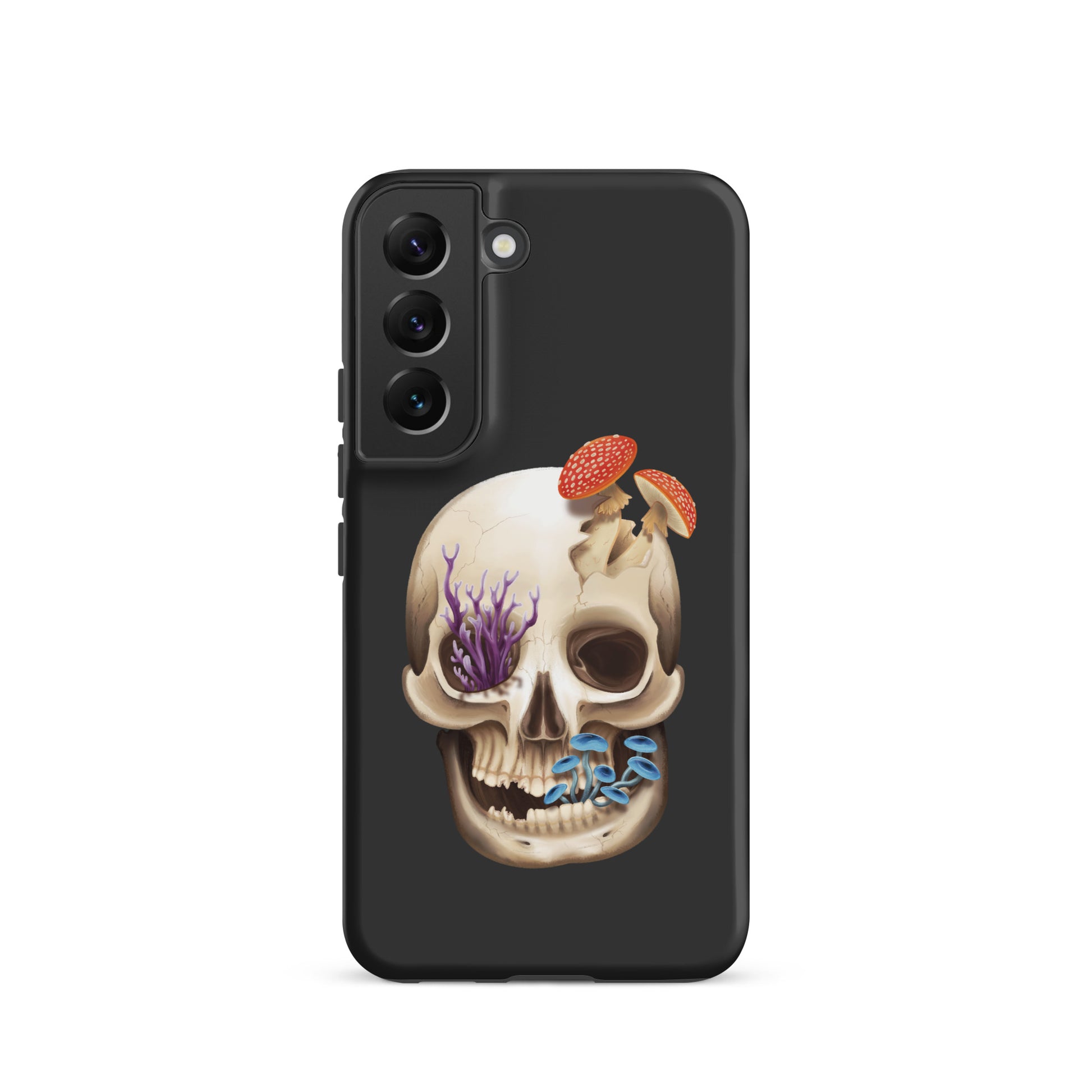 A dark grey tough phone case for a Samsung Galaxy S22 with a matte finish featuring a human skull with various fungi growing out of it