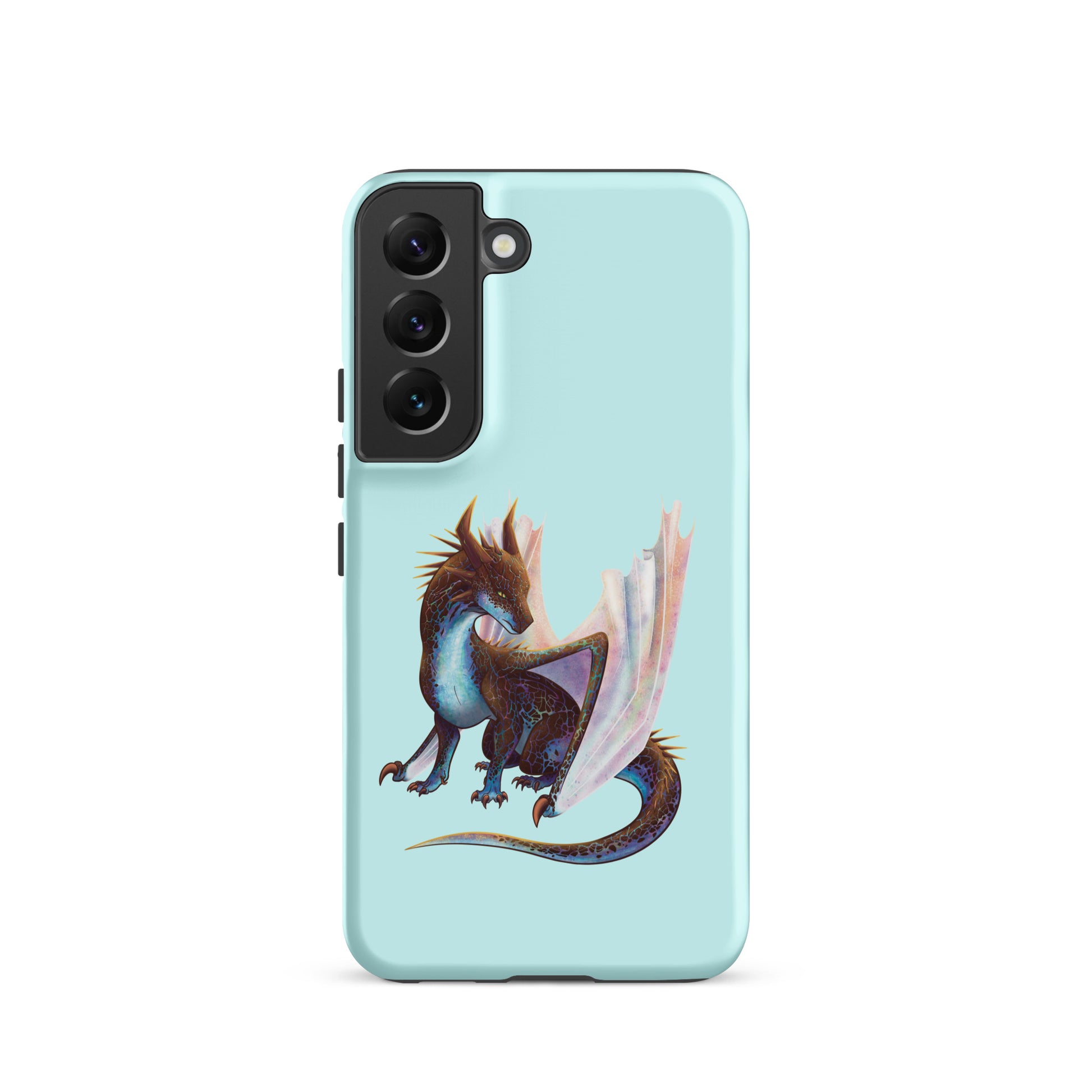 A mint in color tough phone case for a Samsung Galaxy S22 with a matte finish featuring a sitting, side profile of a dragon that has the features of a boulder opal with hues of blue, green, purple, and pink on the underbelly and cracks of the rough, brown hue, rock scales. The wings are tucked back and are of an iridescent shimmery hue