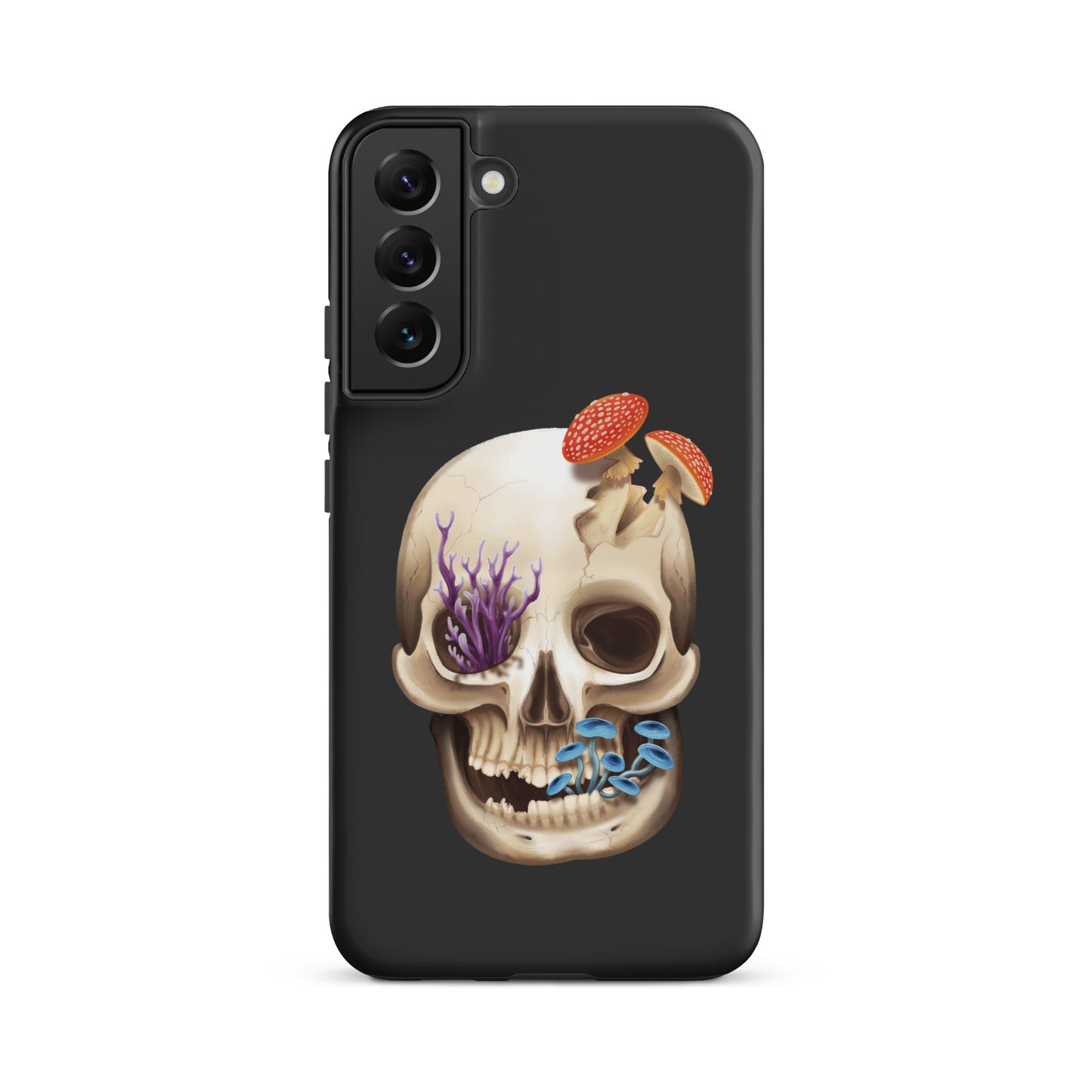 A dark grey tough phone case for a Samsung Galaxy S22 plus with a matte finish featuring a human skull with various fungi growing out of it