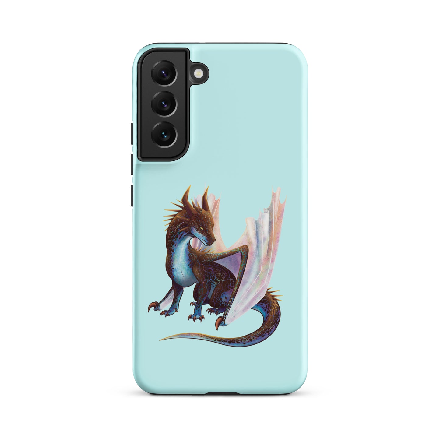 A mint in color tough phone case for a Samsung Galaxy S22 plus with a matte finish featuring a sitting, side profile of a dragon that has the features of a boulder opal with hues of blue, green, purple, and pink on the underbelly and cracks of the rough, brown hue, rock scales. The wings are tucked back and are of an iridescent shimmery hue