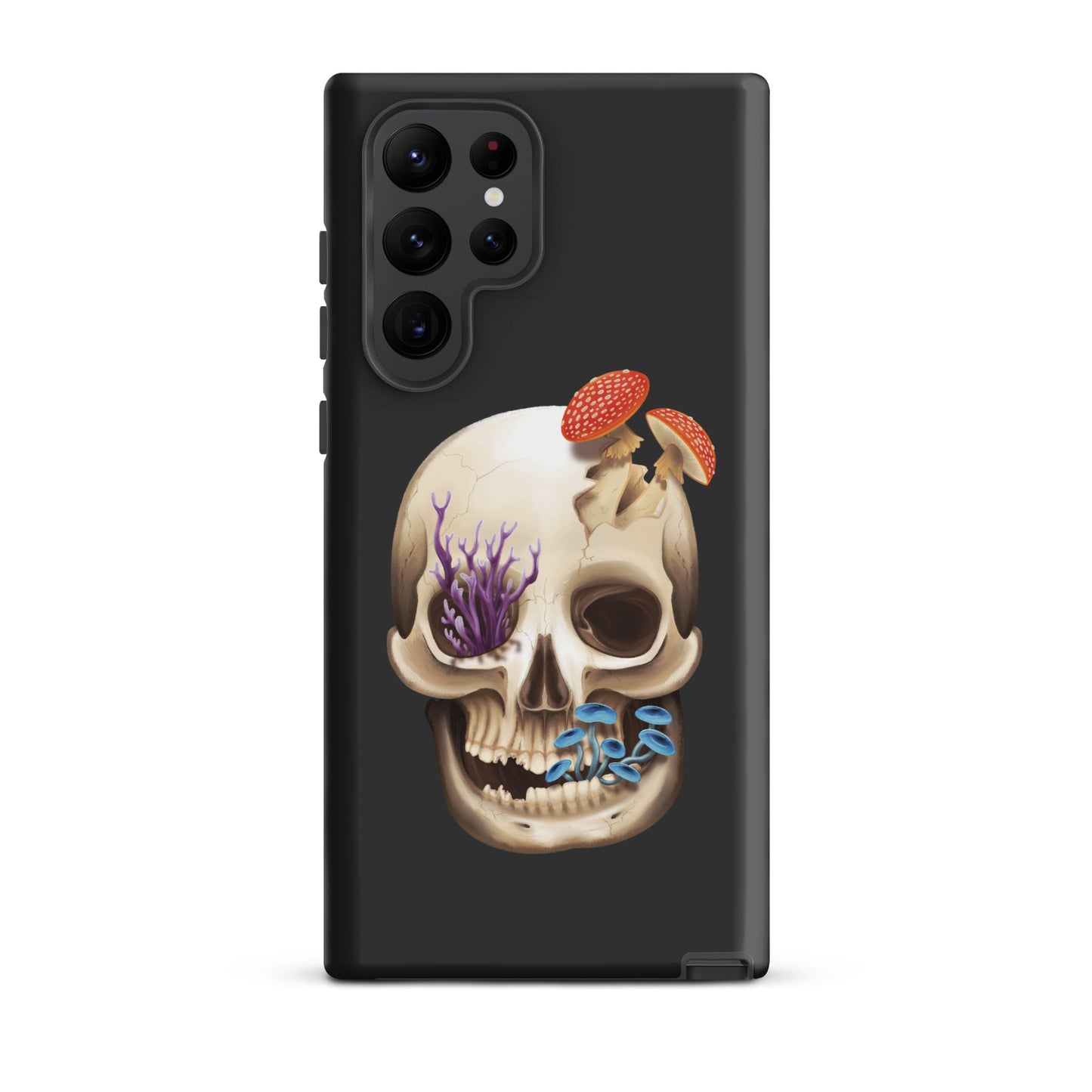 A dark grey tough phone case for a Samsung Galaxy S22 ultra with a matte finish featuring a human skull with various fungi growing out of it