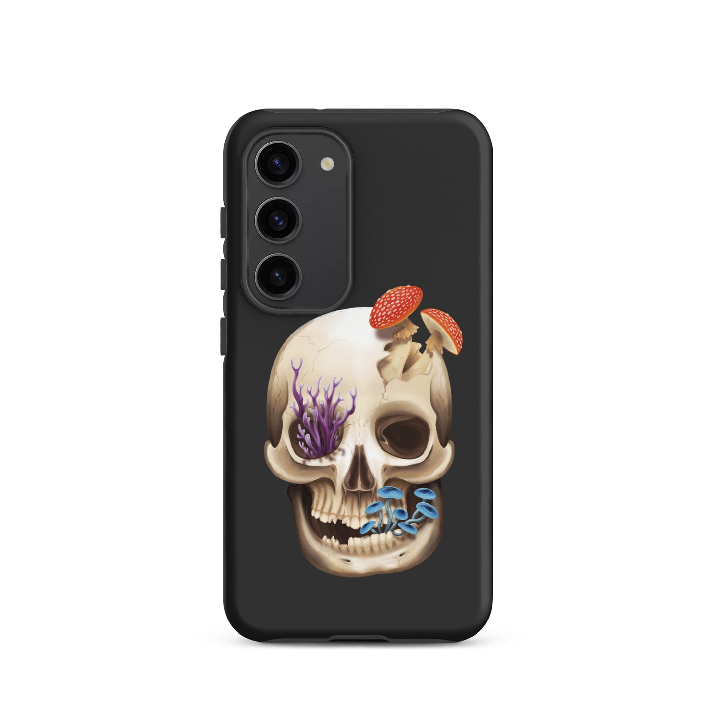 A dark grey tough phone case for a Samsung Galaxy S23 with a matte finish featuring a human skull with various fungi growing out of it