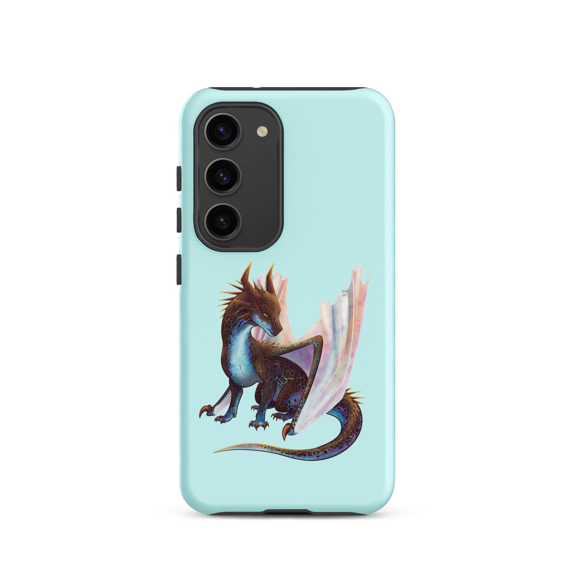 A mint in color tough phone case for a Samsung Galaxy S23 with a matte finish featuring a sitting, side profile of a dragon that has the features of a boulder opal with hues of blue, green, purple, and pink on the underbelly and cracks of the rough, brown hue, rock scales. The wings are tucked back and are of an iridescent shimmery hue