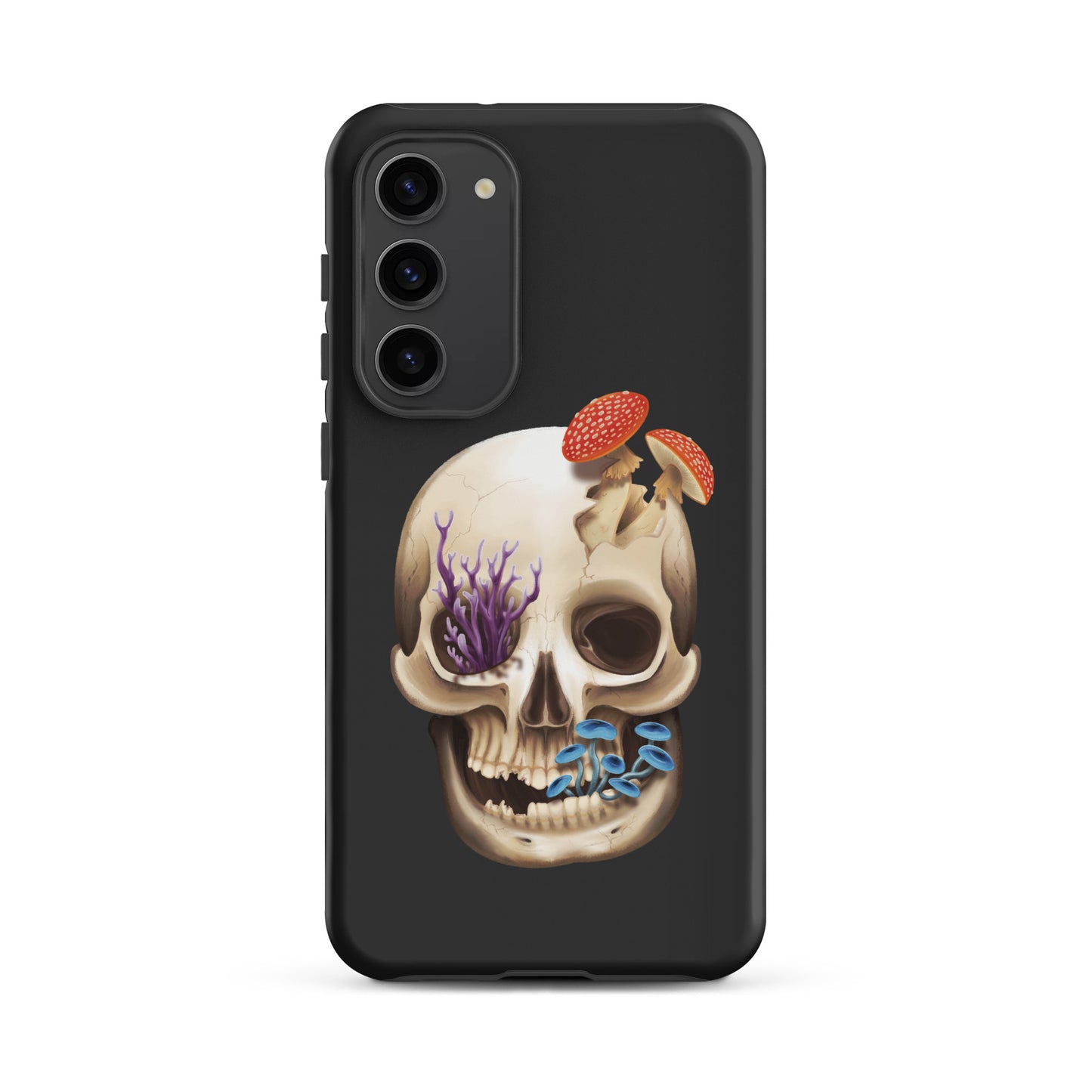 A dark grey tough phone case for a Samsung Galaxy S23 plus with a matte finish featuring a human skull with various fungi growing out of it