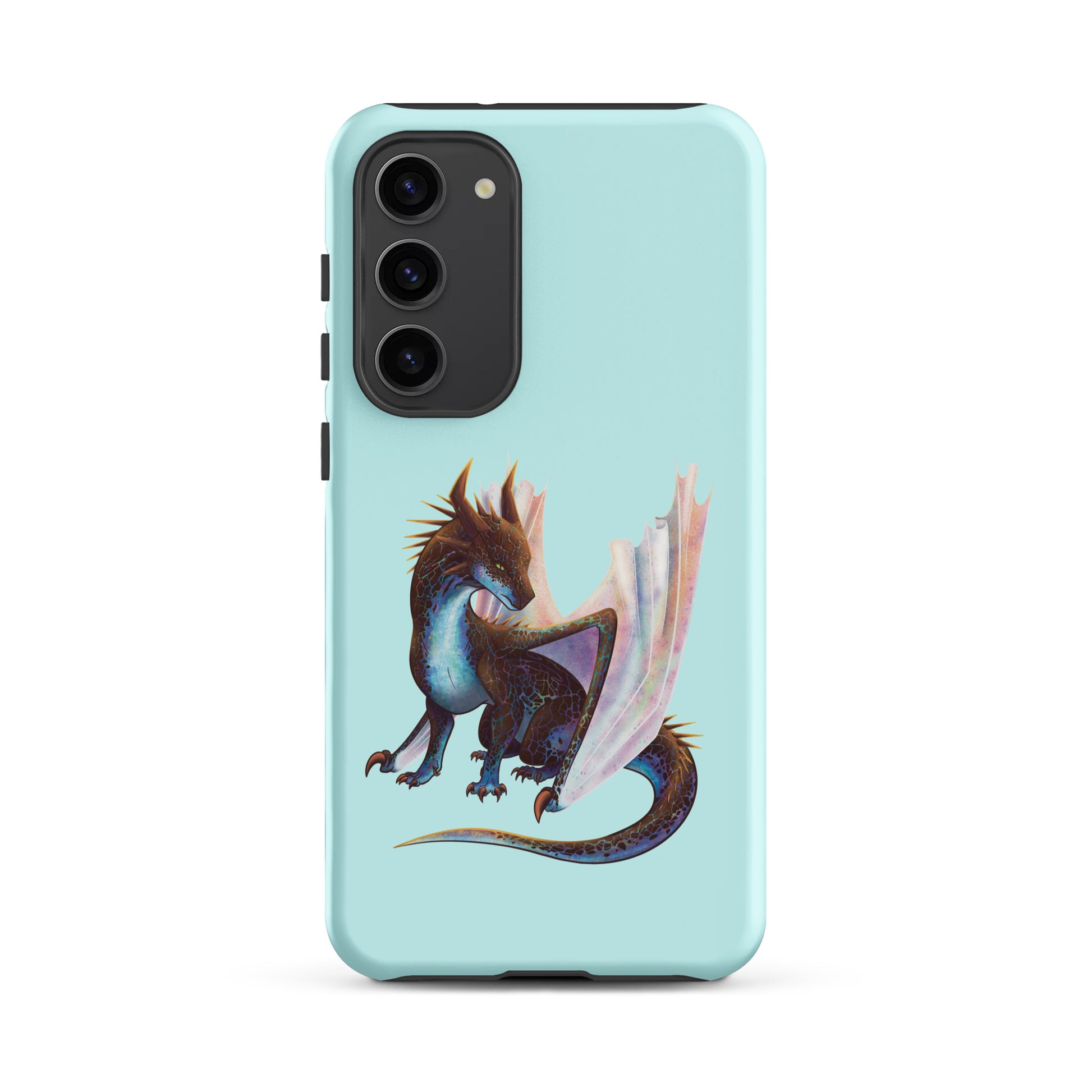 A mint in color tough phone case for a Samsung Galaxy S23 plus with a matte finish featuring a sitting, side profile of a dragon that has the features of a boulder opal with hues of blue, green, purple, and pink on the underbelly and cracks of the rough, brown hue, rock scales. The wings are tucked back and are of an iridescent shimmery hue