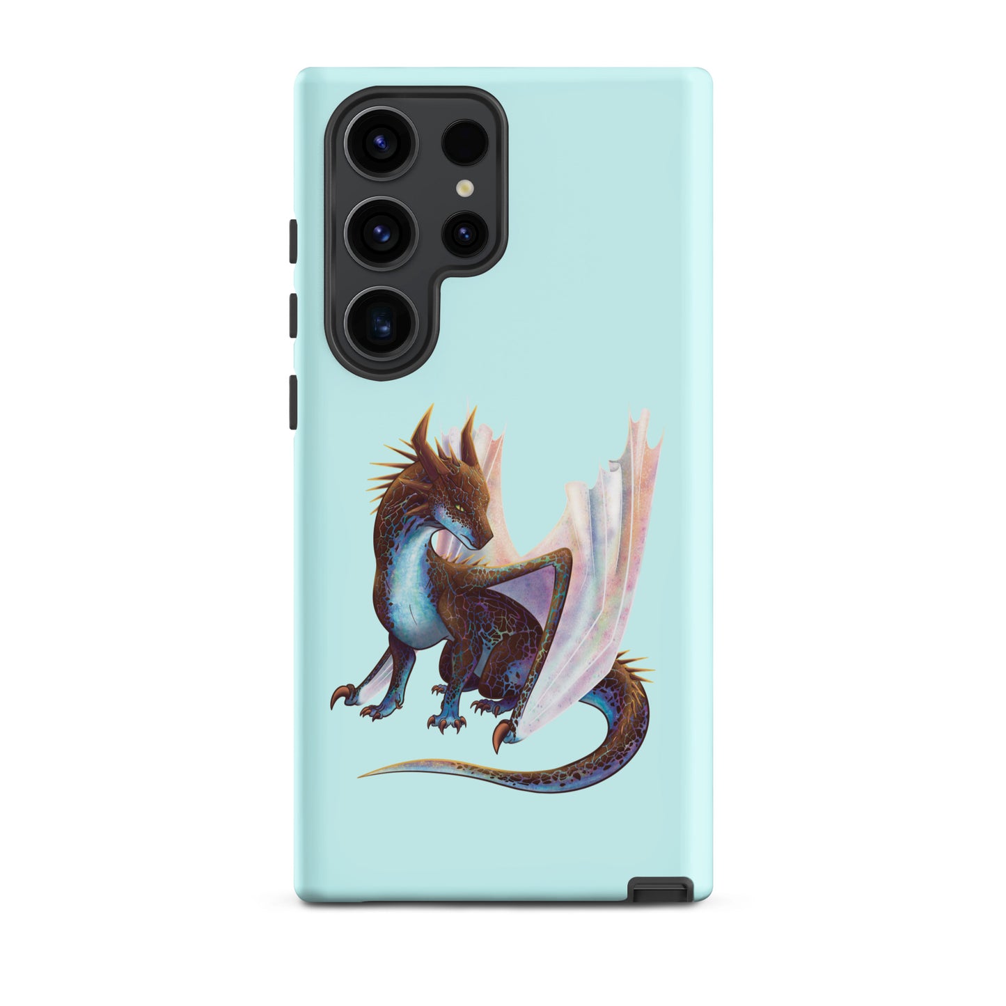 A mint in color tough phone case for a Samsung Galaxy S23 ultra with a matte finish featuring a sitting, side profile of a dragon that has the features of a boulder opal with hues of blue, green, purple, and pink on the underbelly and cracks of the rough, brown hue, rock scales. The wings are tucked back and are of an iridescent shimmery hue