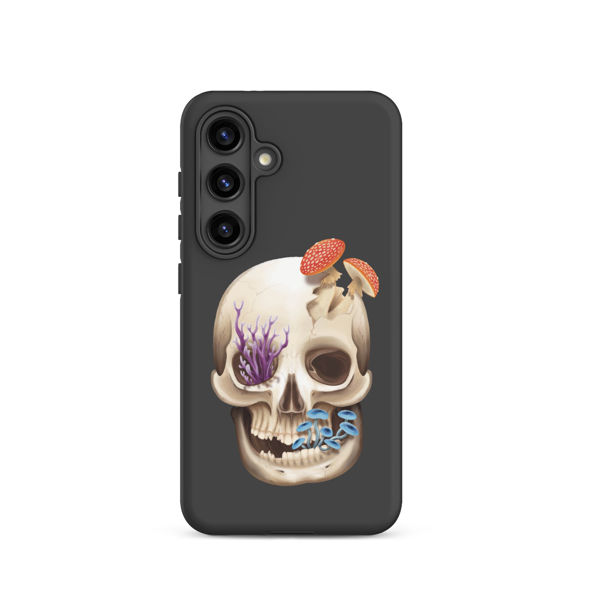 A dark grey tough phone case for a Samsung Galaxy S24 with a matte finish featuring a human skull with various fungi growing out of it