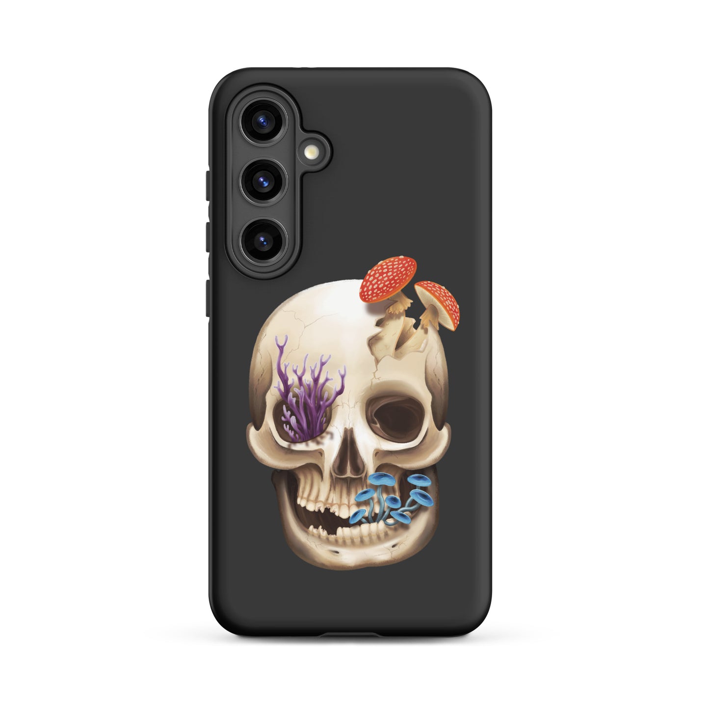 A dark grey tough phone case for a Samsung Galaxy S24 plus with a matte finish featuring a human skull with various fungi growing out of it