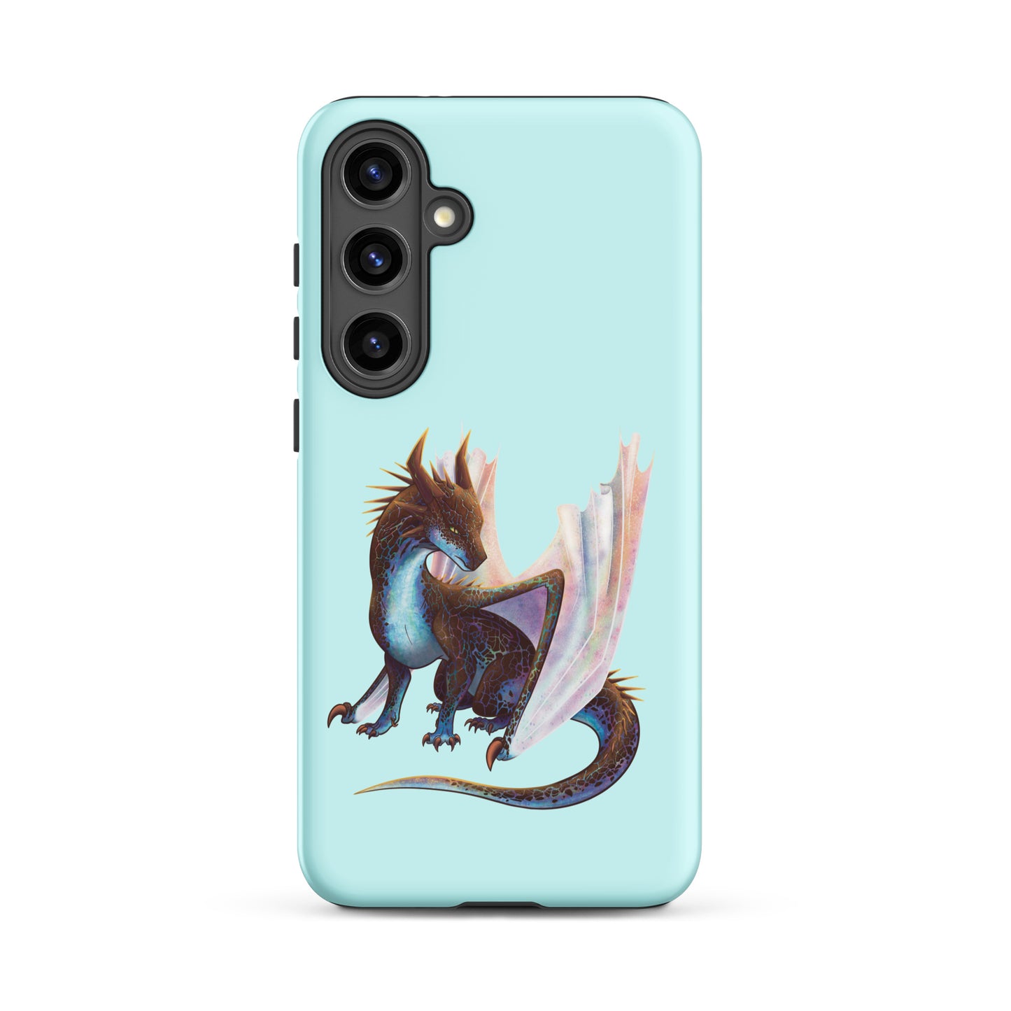 A mint in color tough phone case for a Samsung Galaxy S24 plus with a matte finish featuring a sitting, side profile of a dragon that has the features of a boulder opal with hues of blue, green, purple, and pink on the underbelly and cracks of the rough, brown hue, rock scales. The wings are tucked back and are of an iridescent shimmery hue