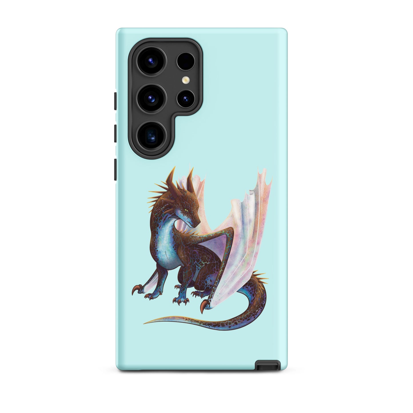 A mint in color tough phone case for a Samsung Galaxy S24 ultra with a matte finish featuring a sitting, side profile of a dragon that has the features of a boulder opal with hues of blue, green, purple, and pink on the underbelly and cracks of the rough, brown hue, rock scales. The wings are tucked back and are of an iridescent shimmery hue