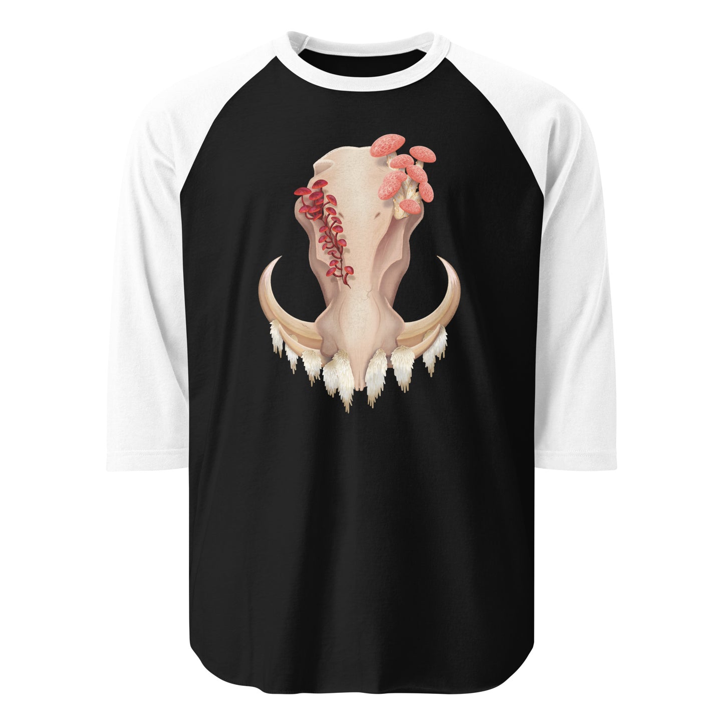 Unisex, black shirt with white 3/4 length sleeves featuring a front facing warthog skull with 3 different kinds of fungi growing out of it