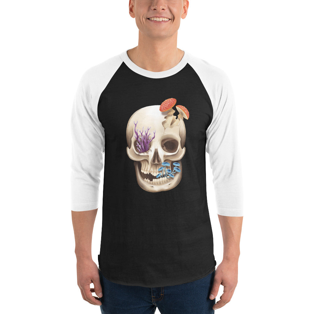 Unisex, black shirt with white 3/4 length sleeves featuring a front facing human skull with 3 different kinds of fungi growing out of it