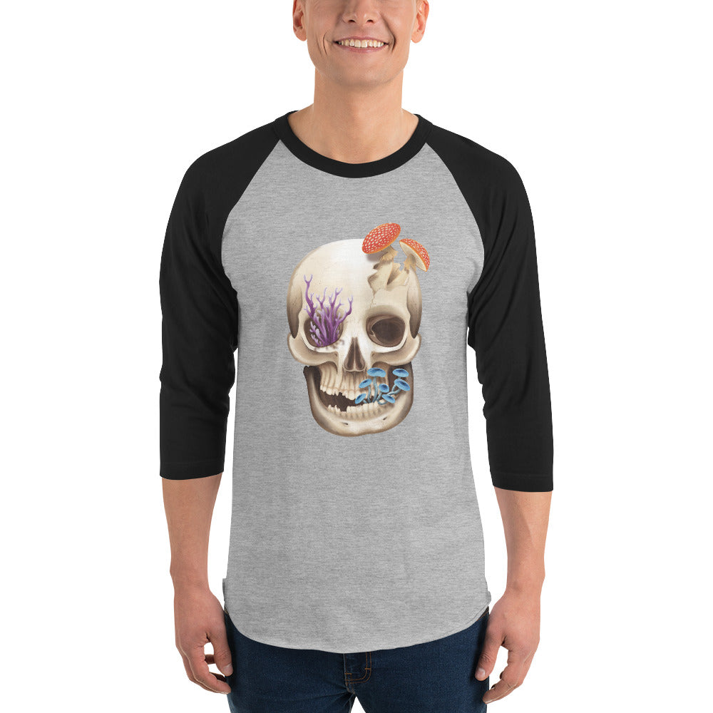 Unisex, heather grey shirt with black 3/4 length sleeves featuring a front facing human skull with 3 different kinds of fungi growing out of it