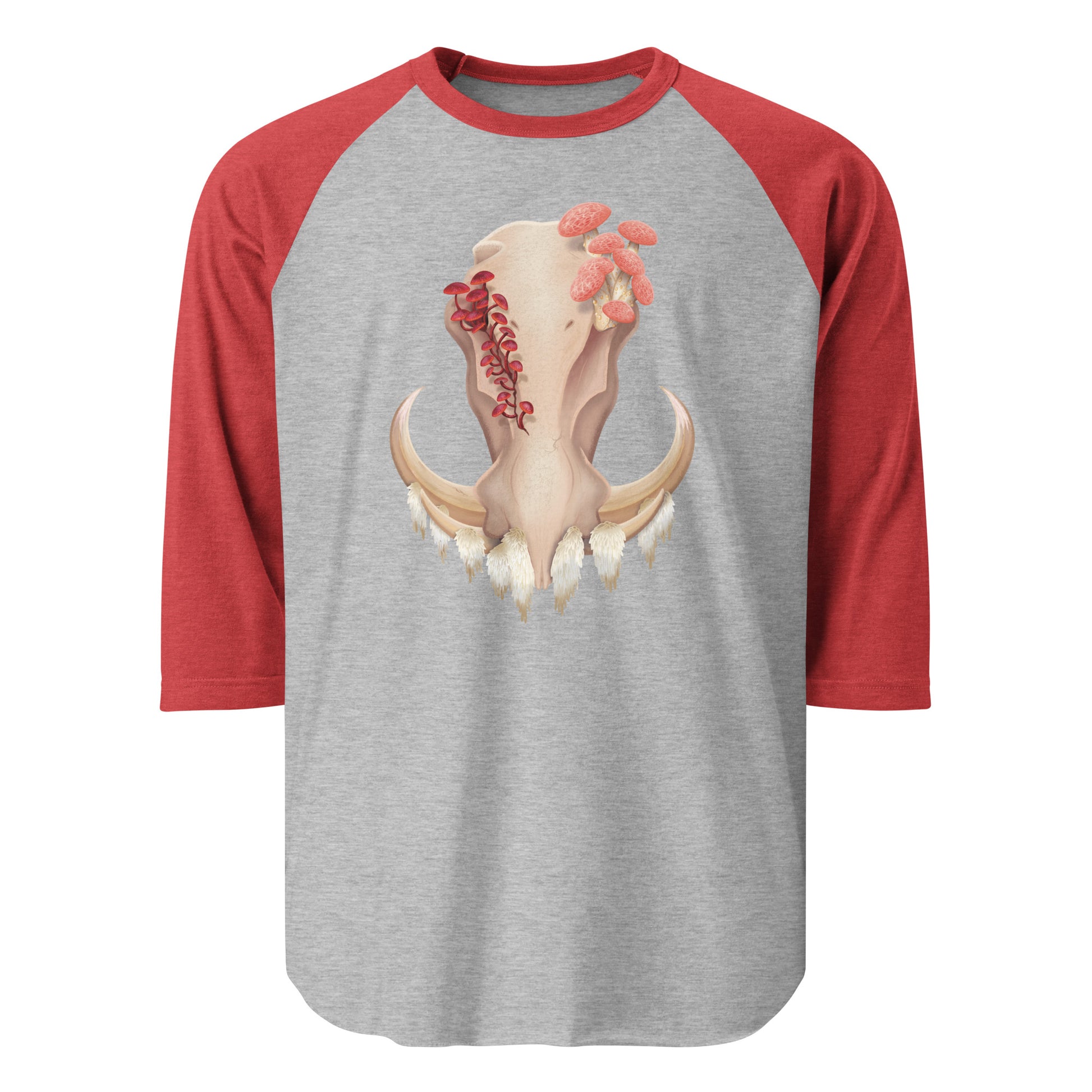 Unisex, heather grey shirt with red 3/4 length sleeves featuring a front facing warthog skull with 3 different kinds of fungi growing out of it