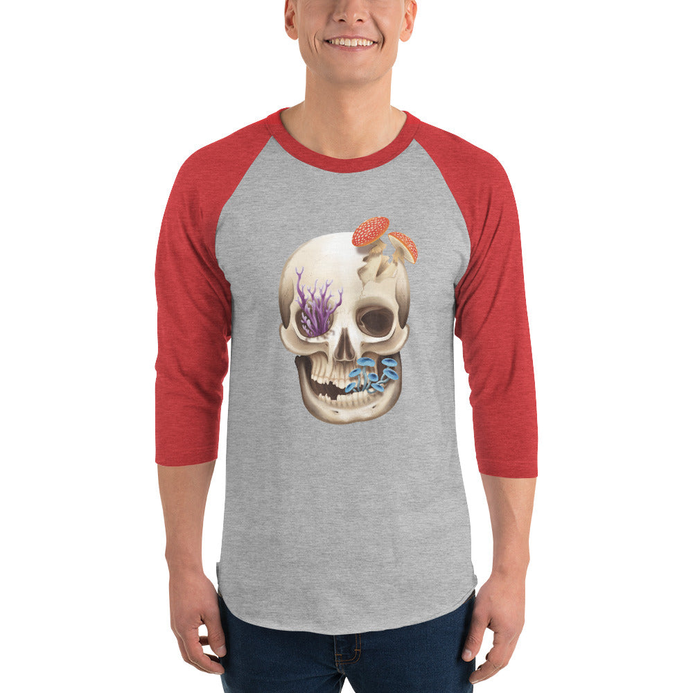 Unisex, heather grey shirt with red 3/4 length sleeves featuring a front facing human skull with 3 different kinds of fungi growing out of it