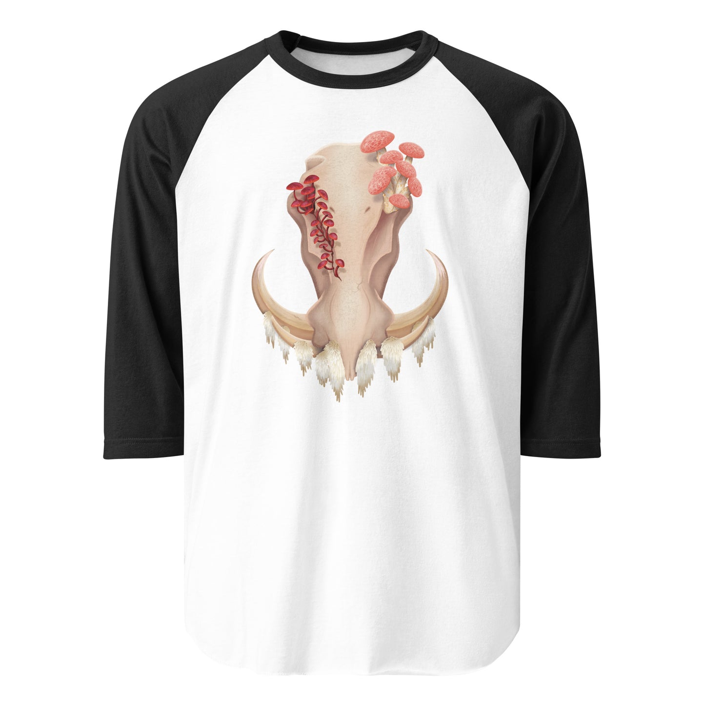 Unisex, white shirt with black 3/4 length sleeves featuring a front facing warthog skull with 3 different kinds of fungi growing out of it