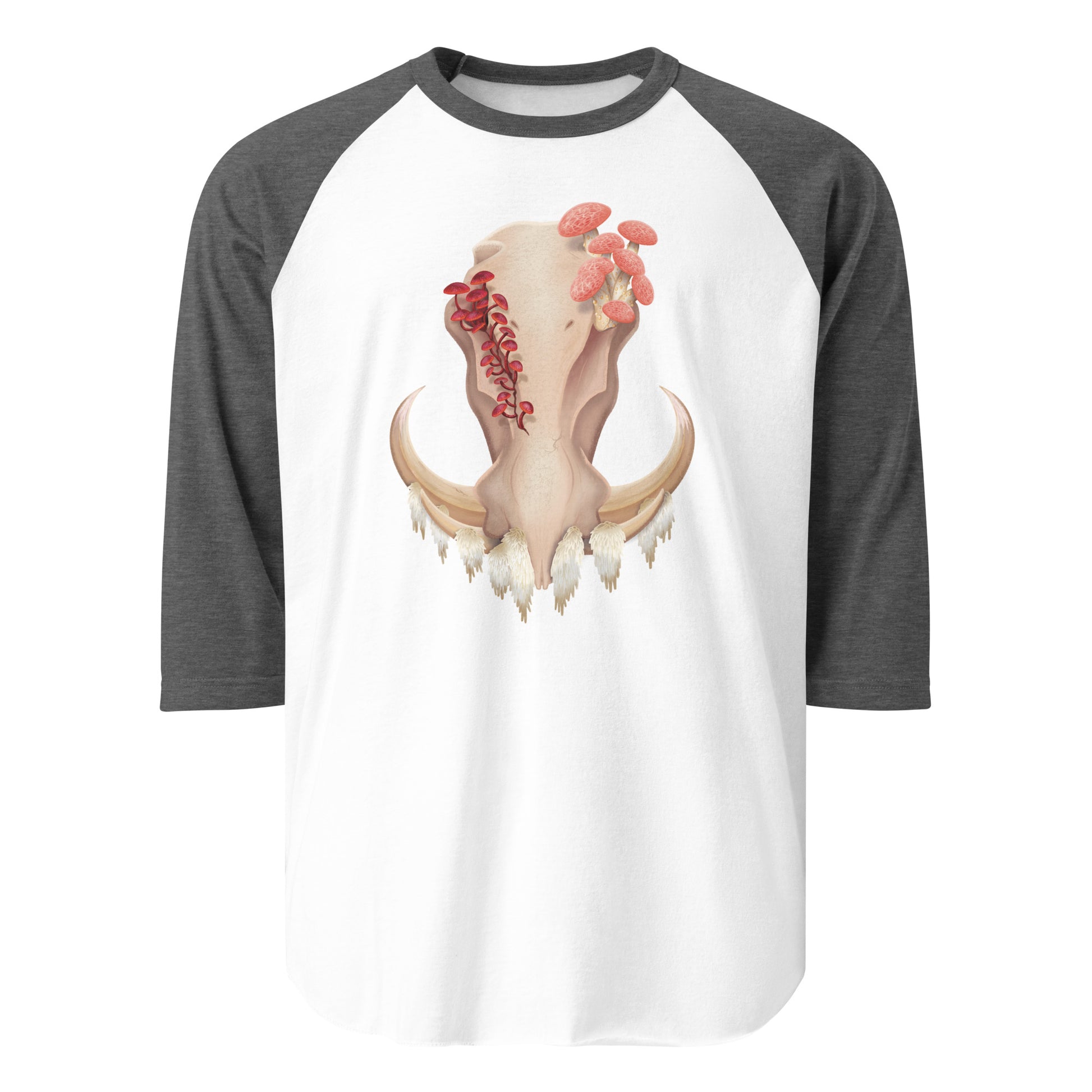 Unisex, white shirt with dark heather grey 3/4 length sleeves featuring a front facing warthog skull with 3 different kinds of fungi growing out of it