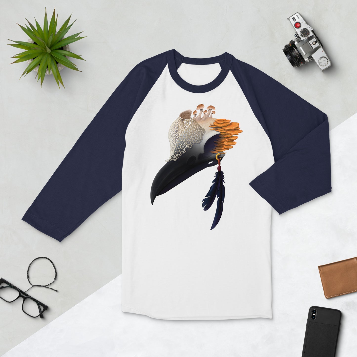 Fungal Crow Skull - 3/4 Sleeve Raglan Shirt